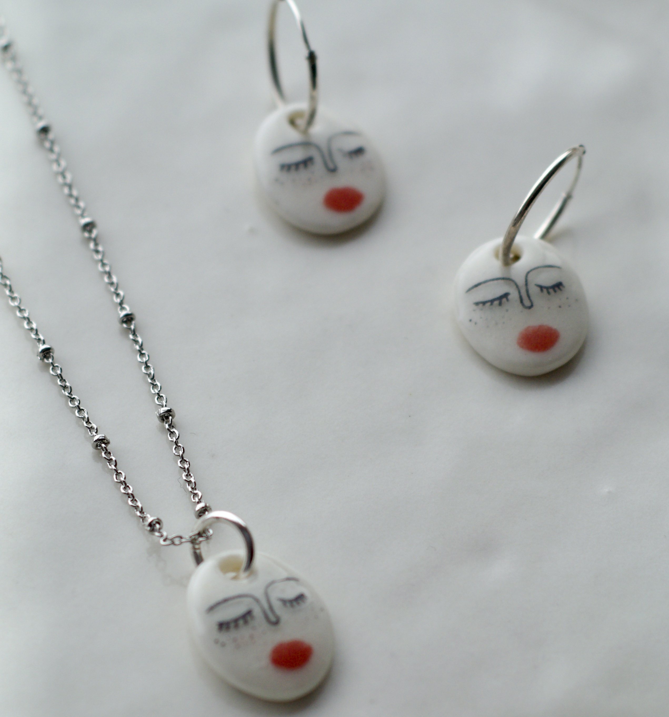 Ceramic Face Necklace & Earring Set