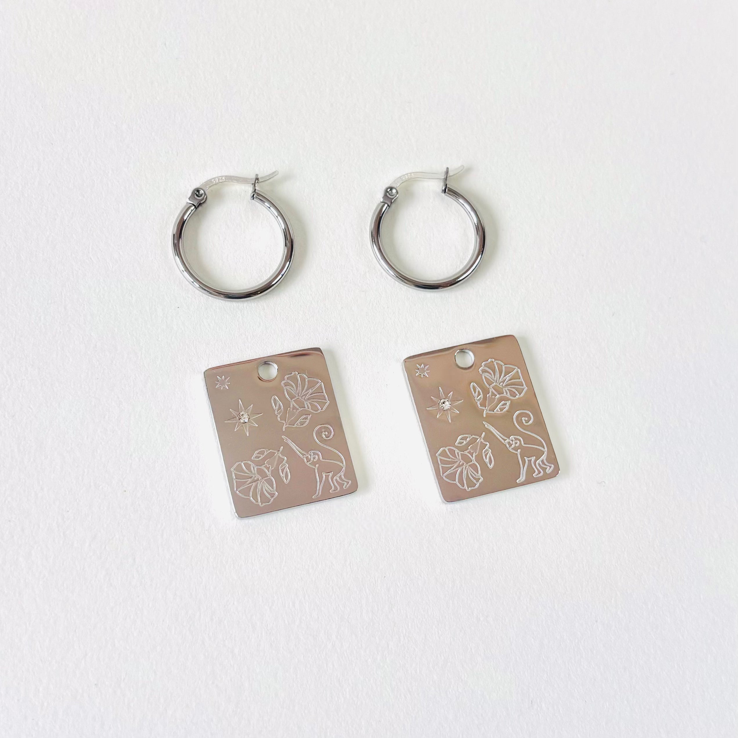 Monkey & Morning glory pendant hoop earrings