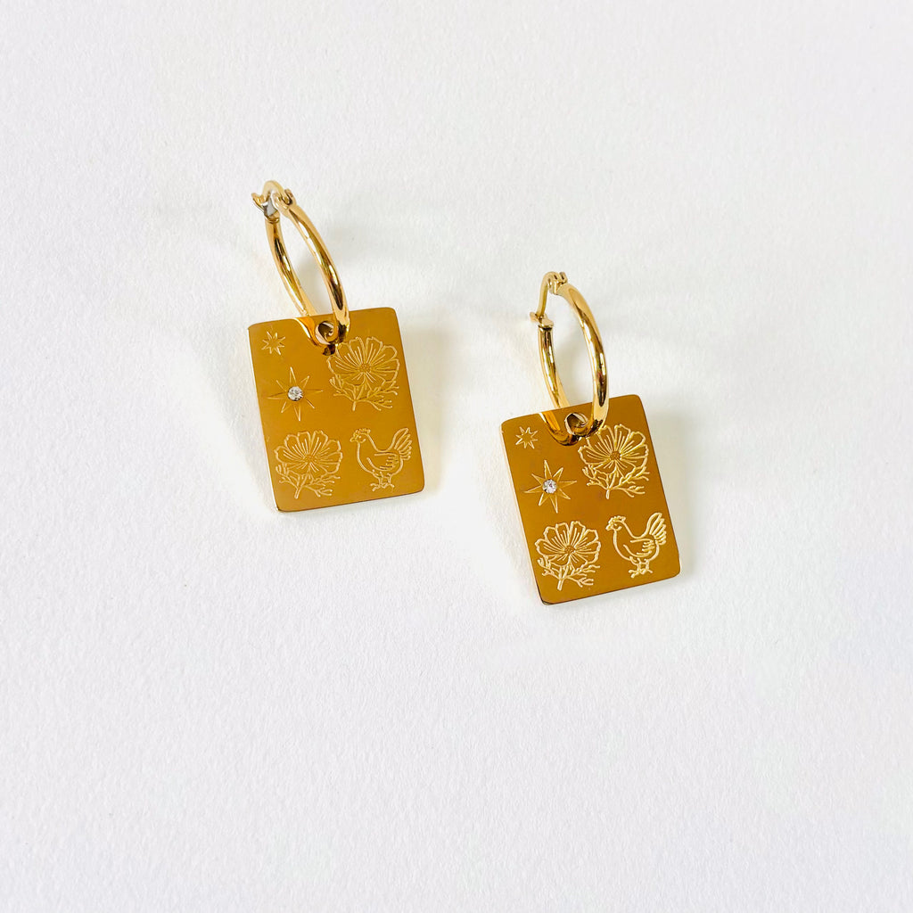 Rooster & Cosmos pendant hoop earrings