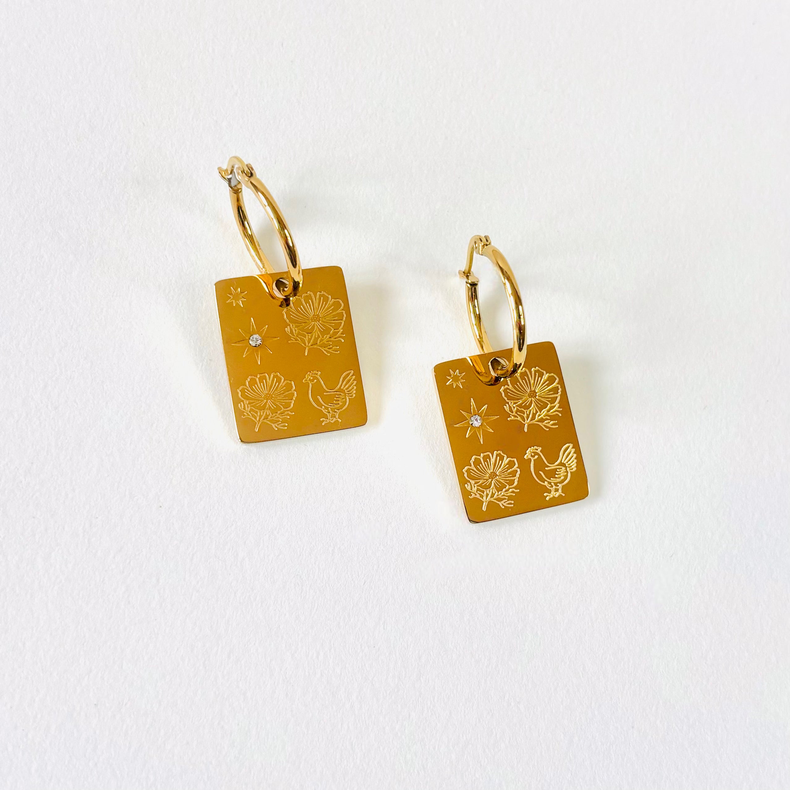 Rooster & Cosmos pendant hoop earrings