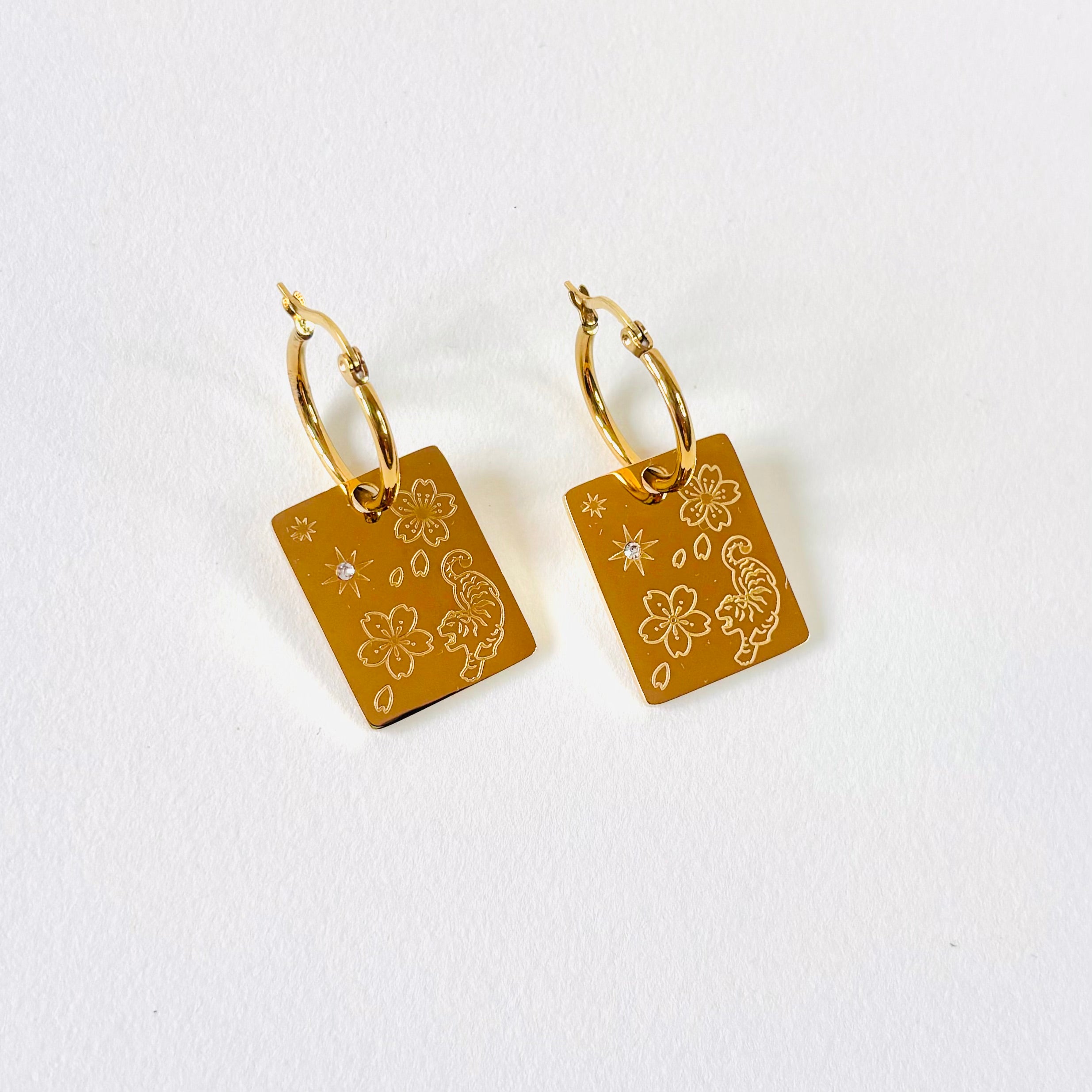 Tiger & Cherry blossom pendant hoop earrings