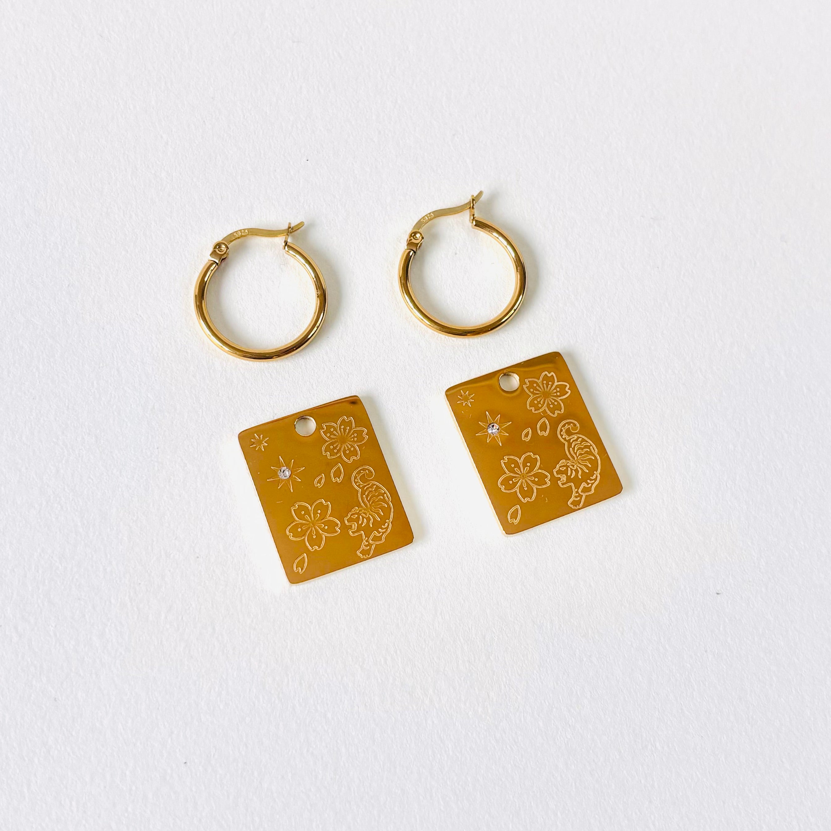 Tiger & Cherry blossom pendant hoop earrings