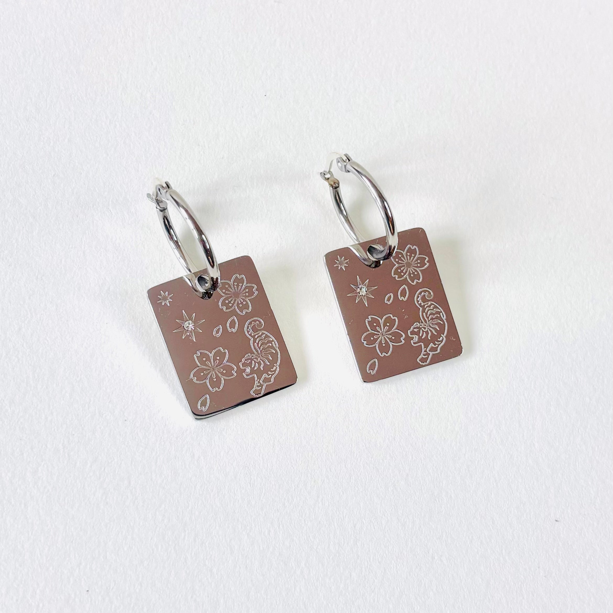 Tiger & Cherry blossom pendant hoop earrings