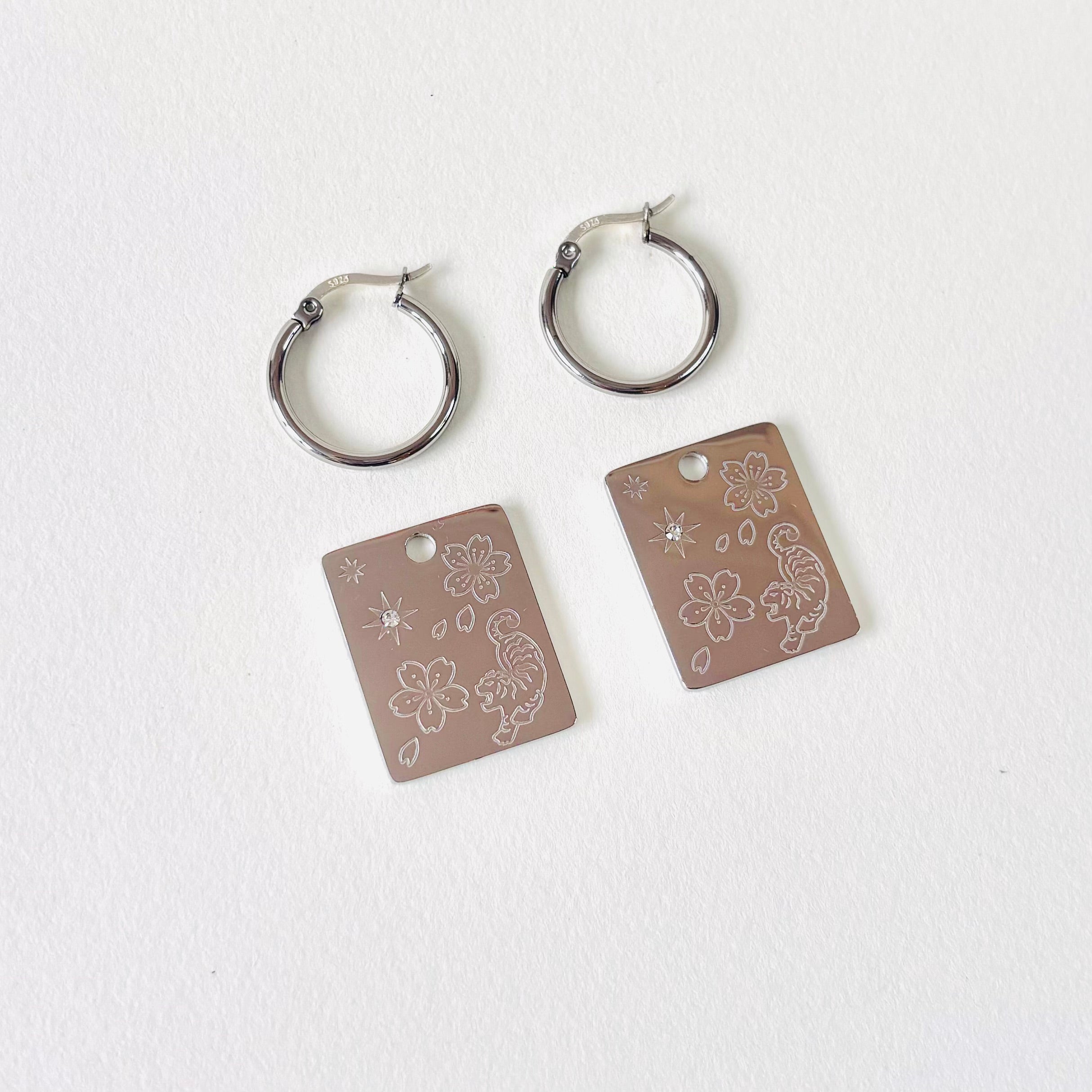 Tiger & Cherry blossom pendant hoop earrings