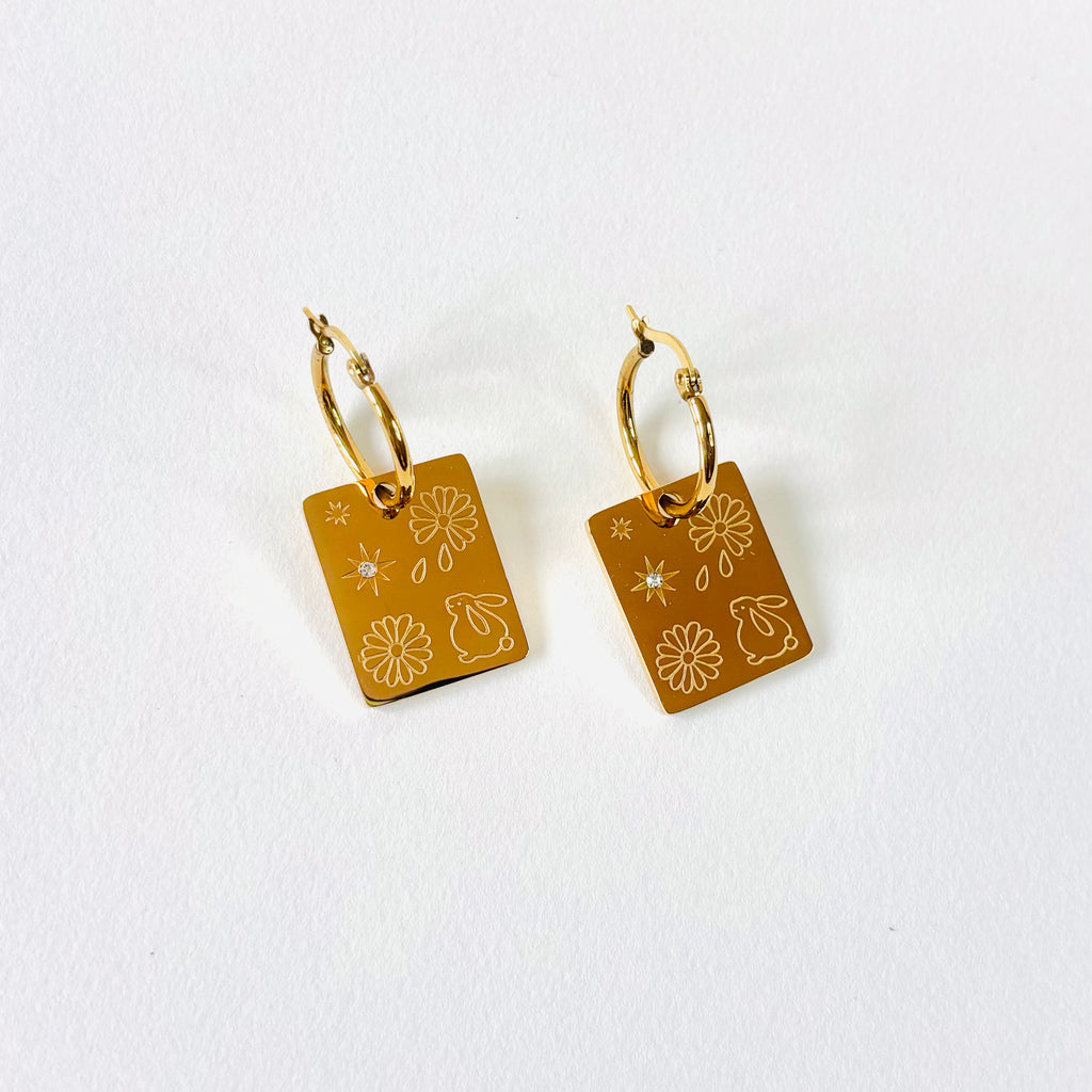 Rabbit & Daisy pendant hoop earrings