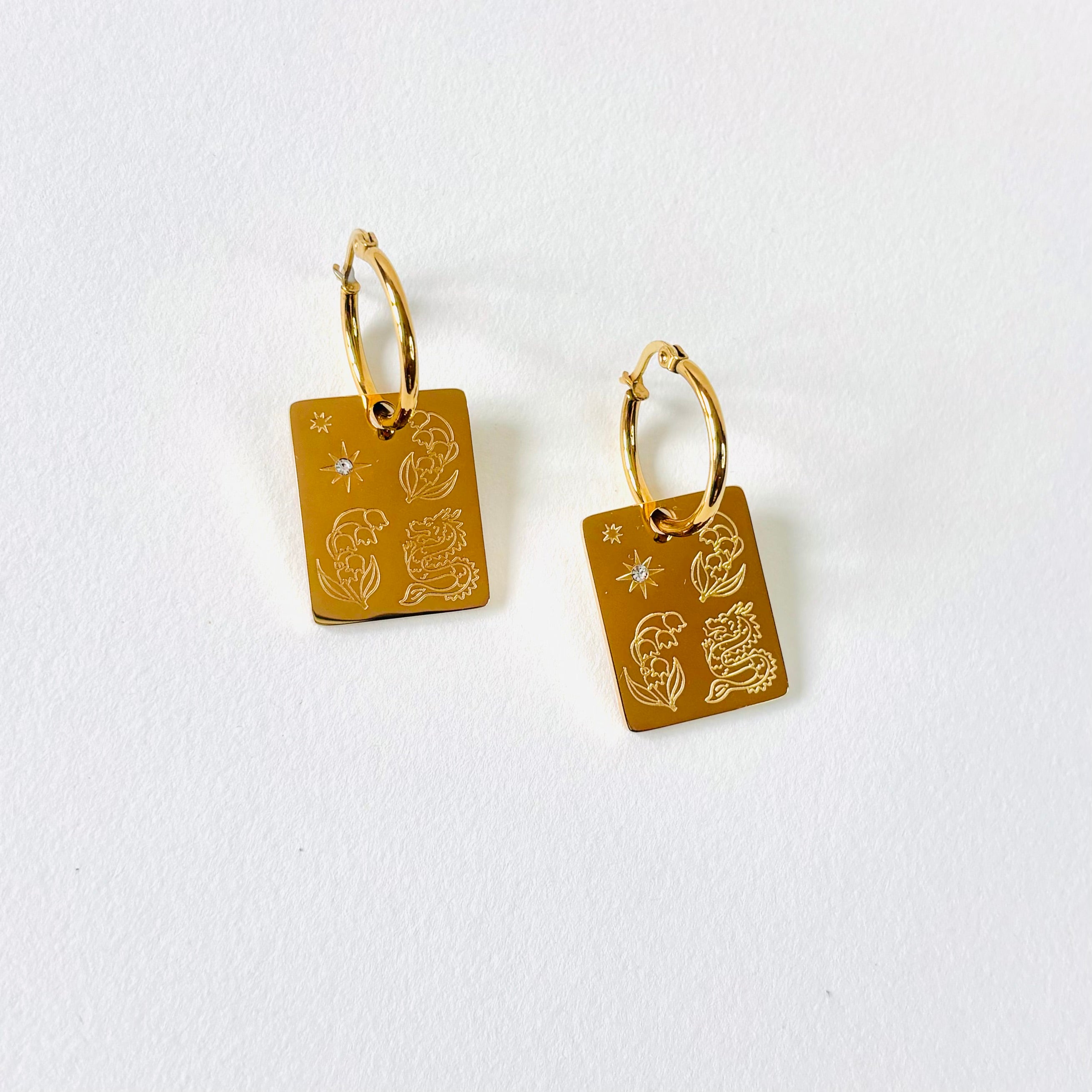 Dragon & Lily of the Valley pendant hoop earrings