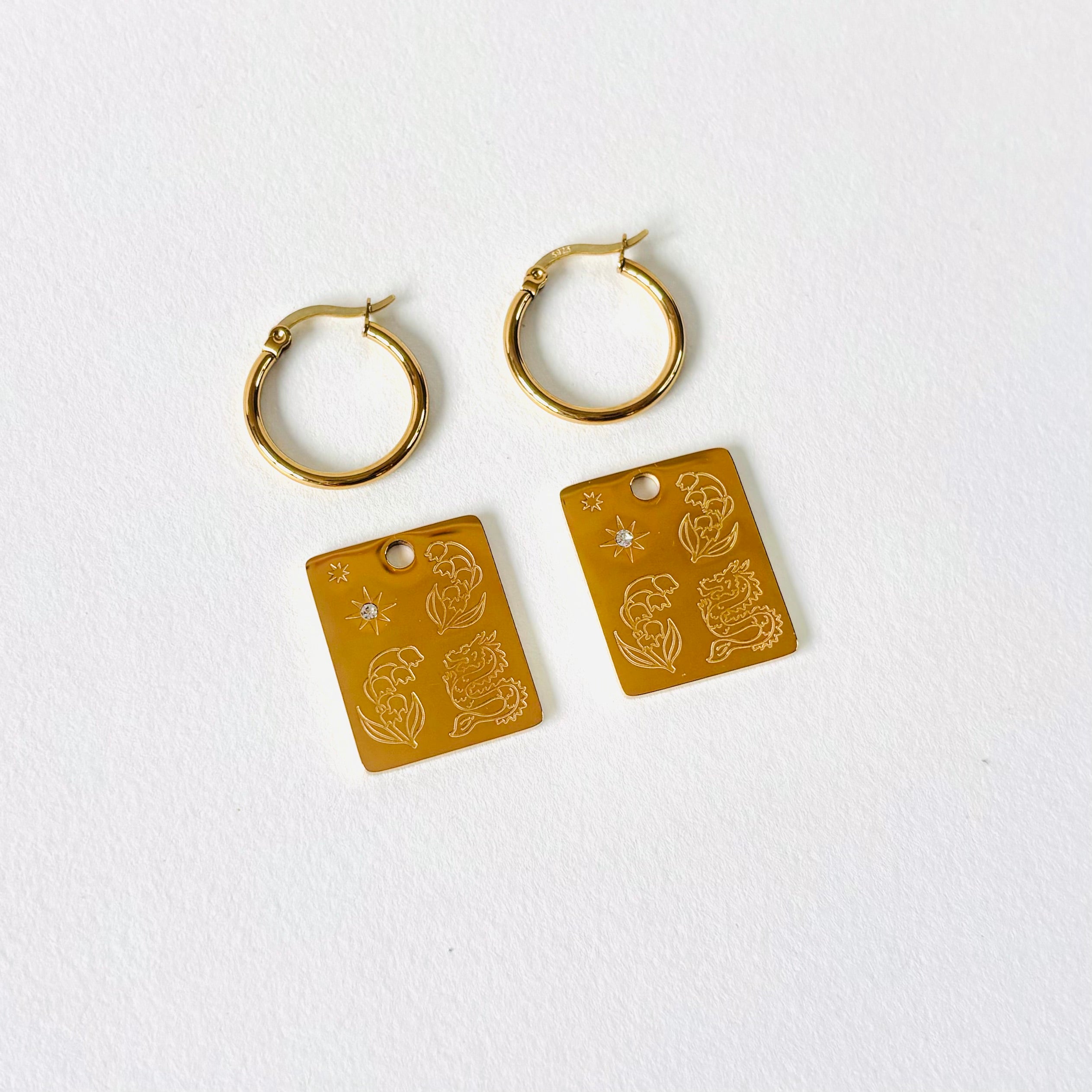 Dragon & Lily of the Valley pendant hoop earrings