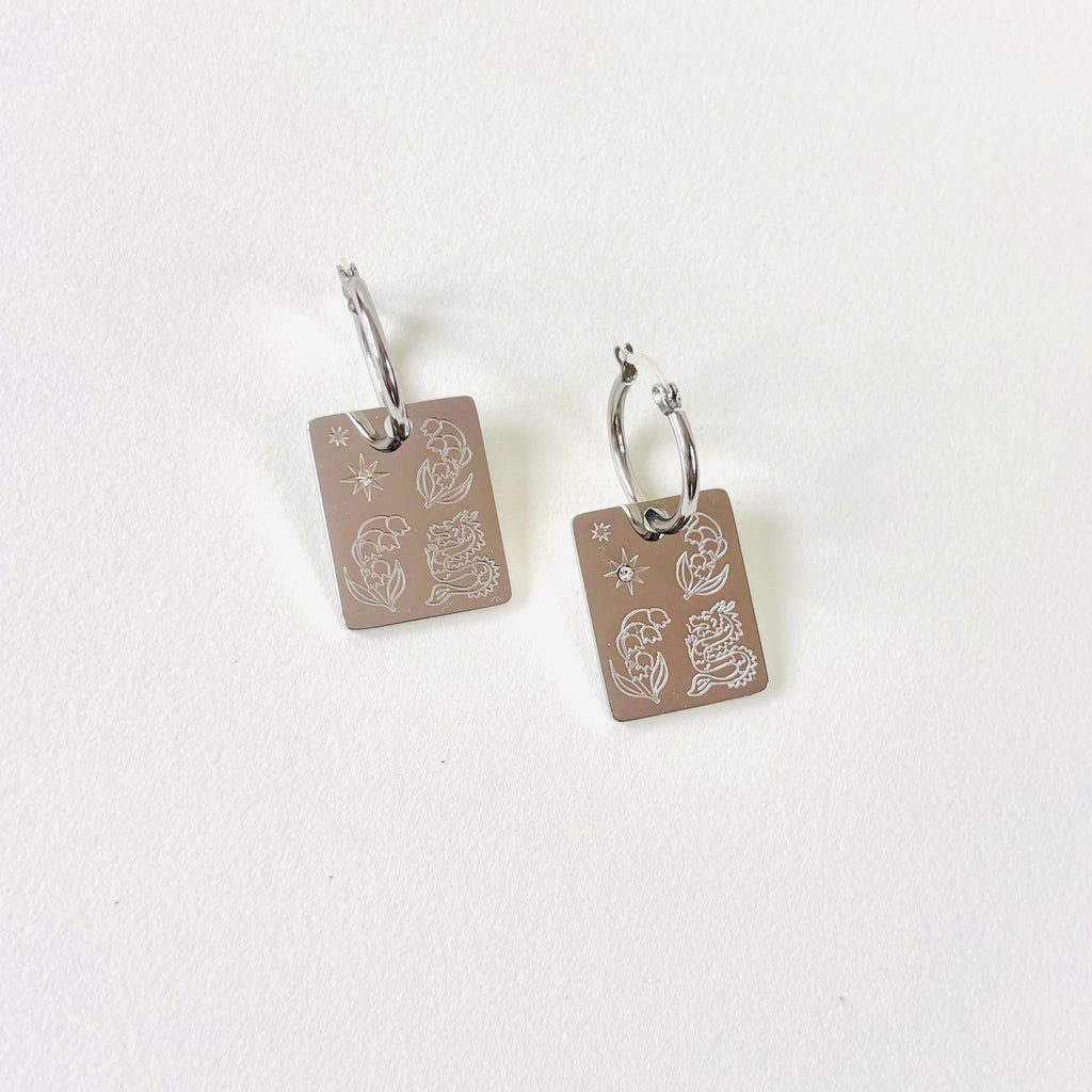 Dragon & Lilly of the valley pendant hoop earrings