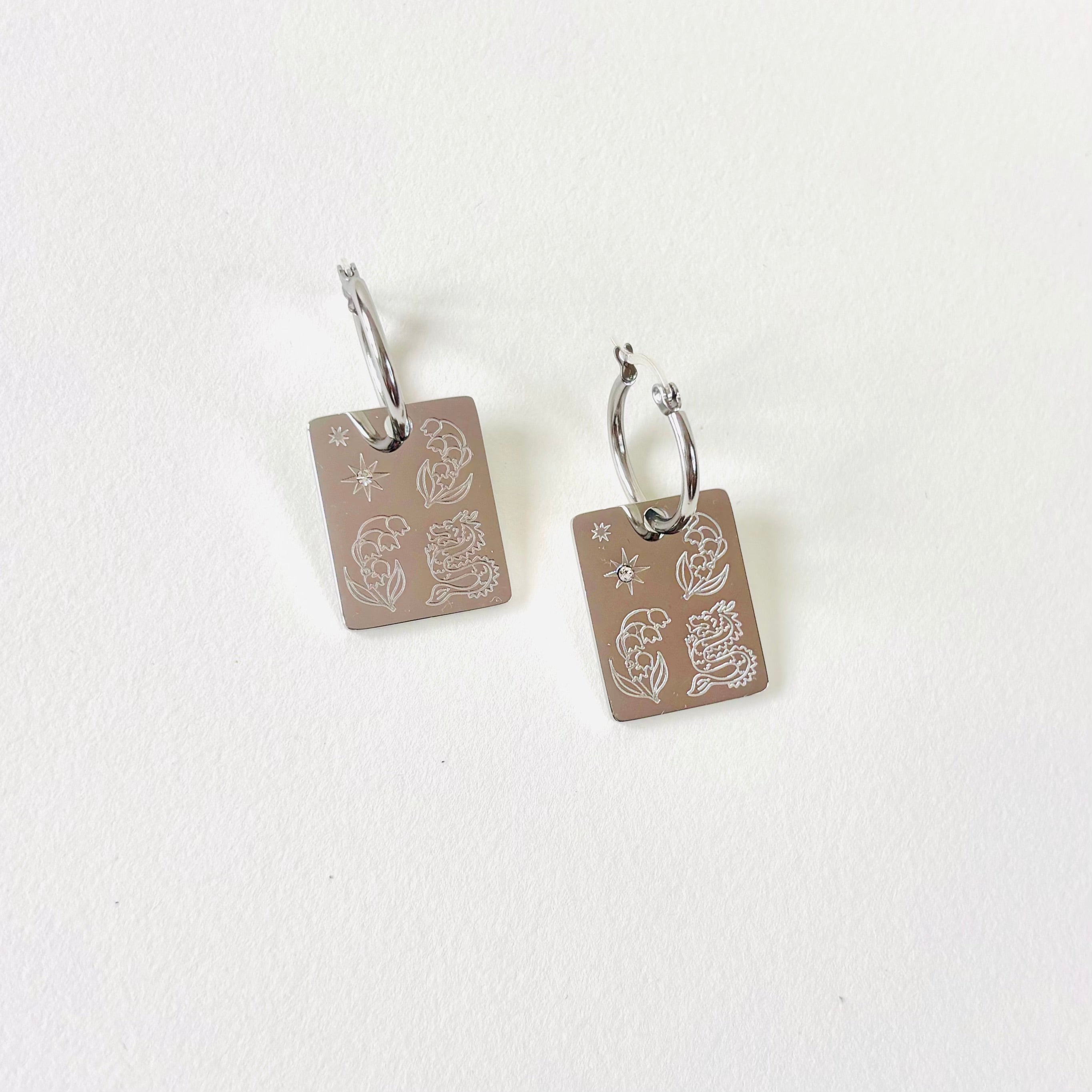 Dragon & Lilly of the valley pendant hoop earrings
