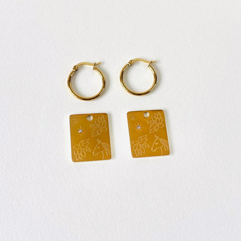 Horse & Water lily pendant hoop earrings