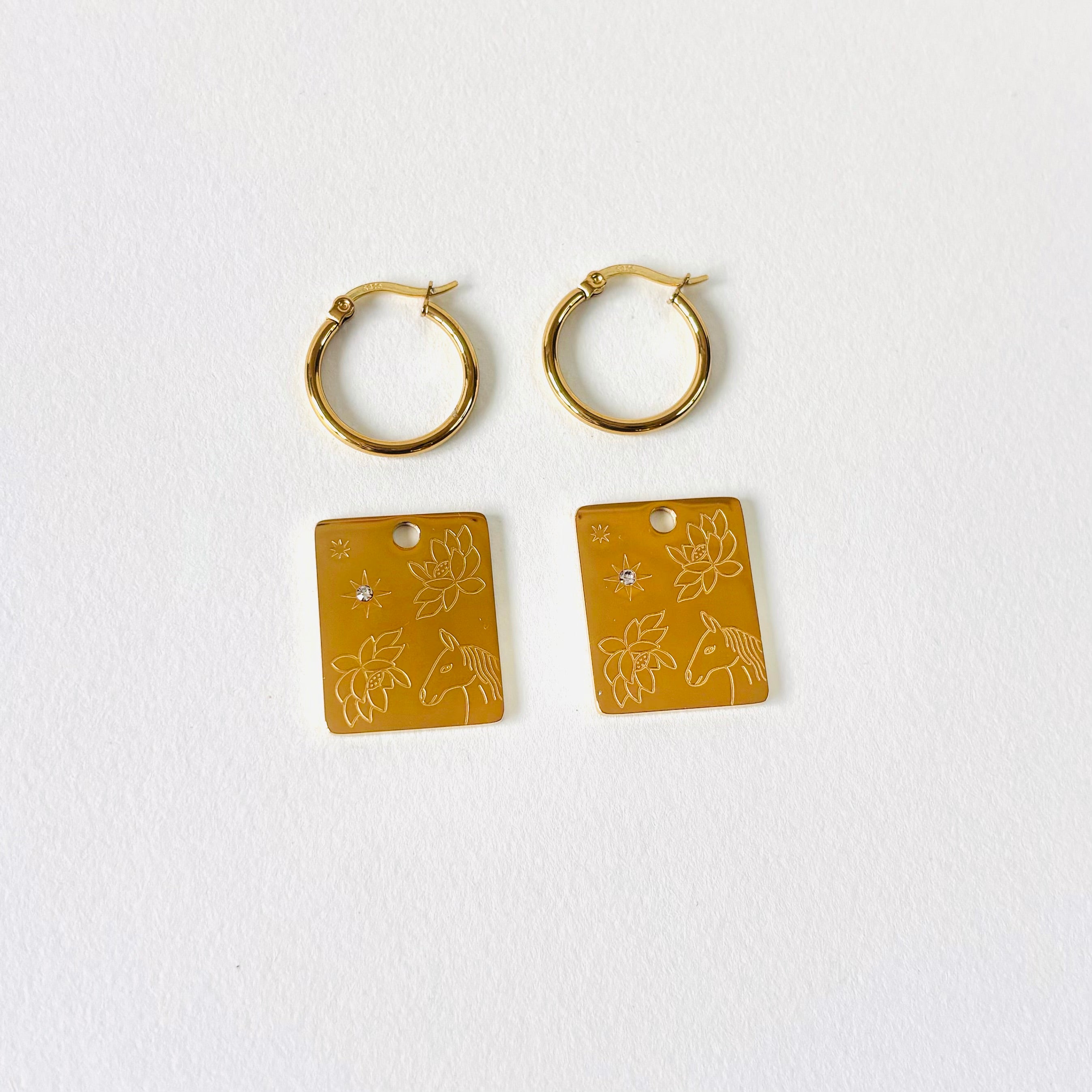 Horse & Water lily pendant hoop earrings