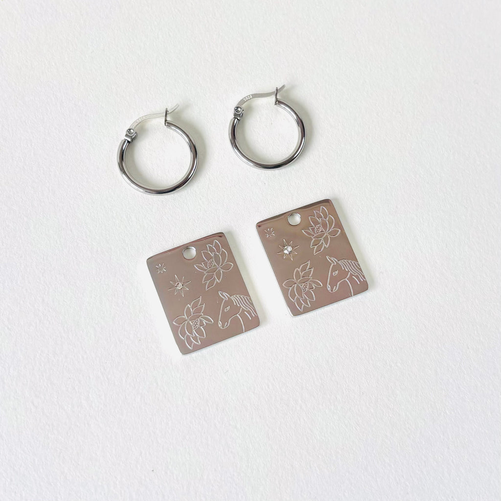 Horse & Water lily pendant hoop earrings