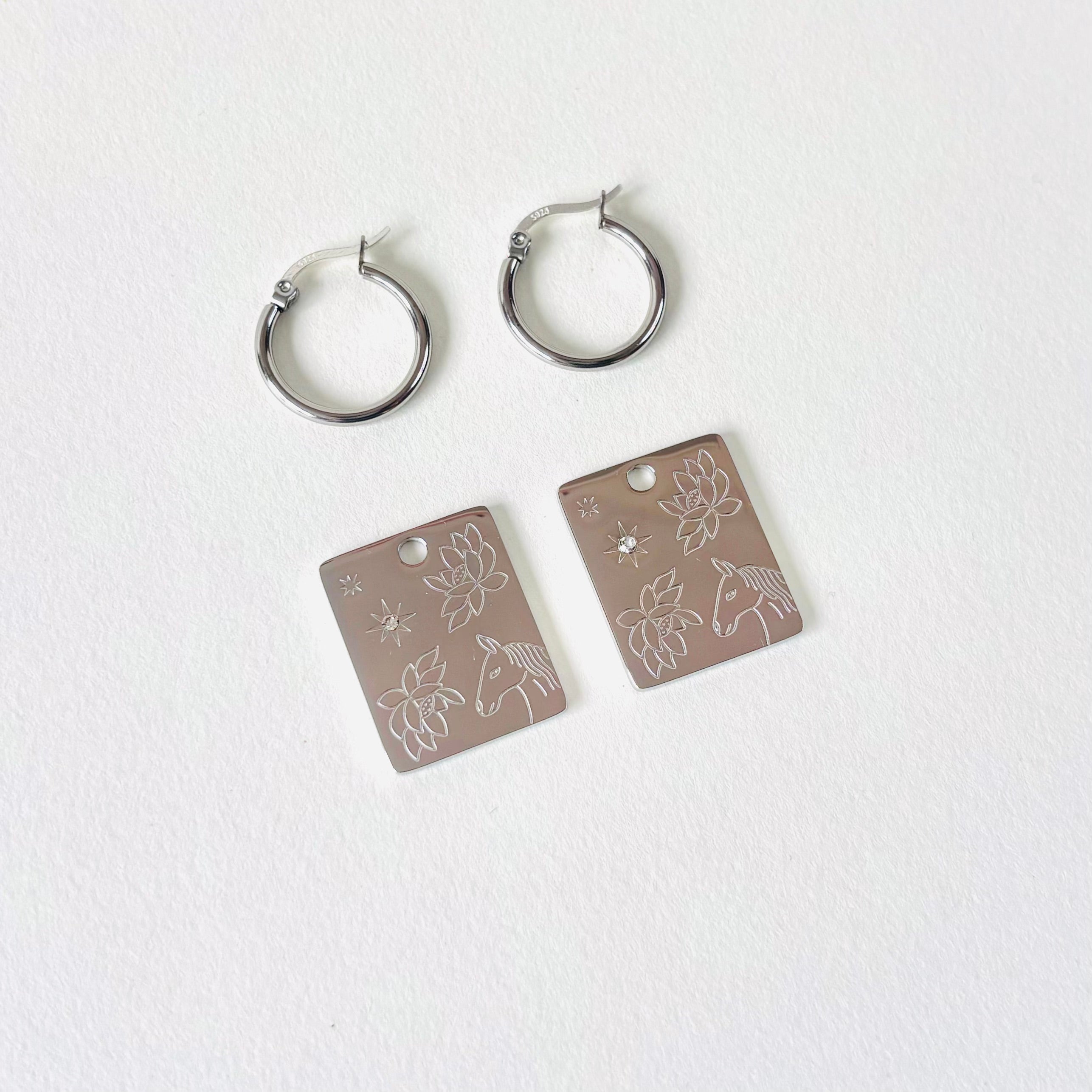 Horse & Water lily pendant hoop earrings