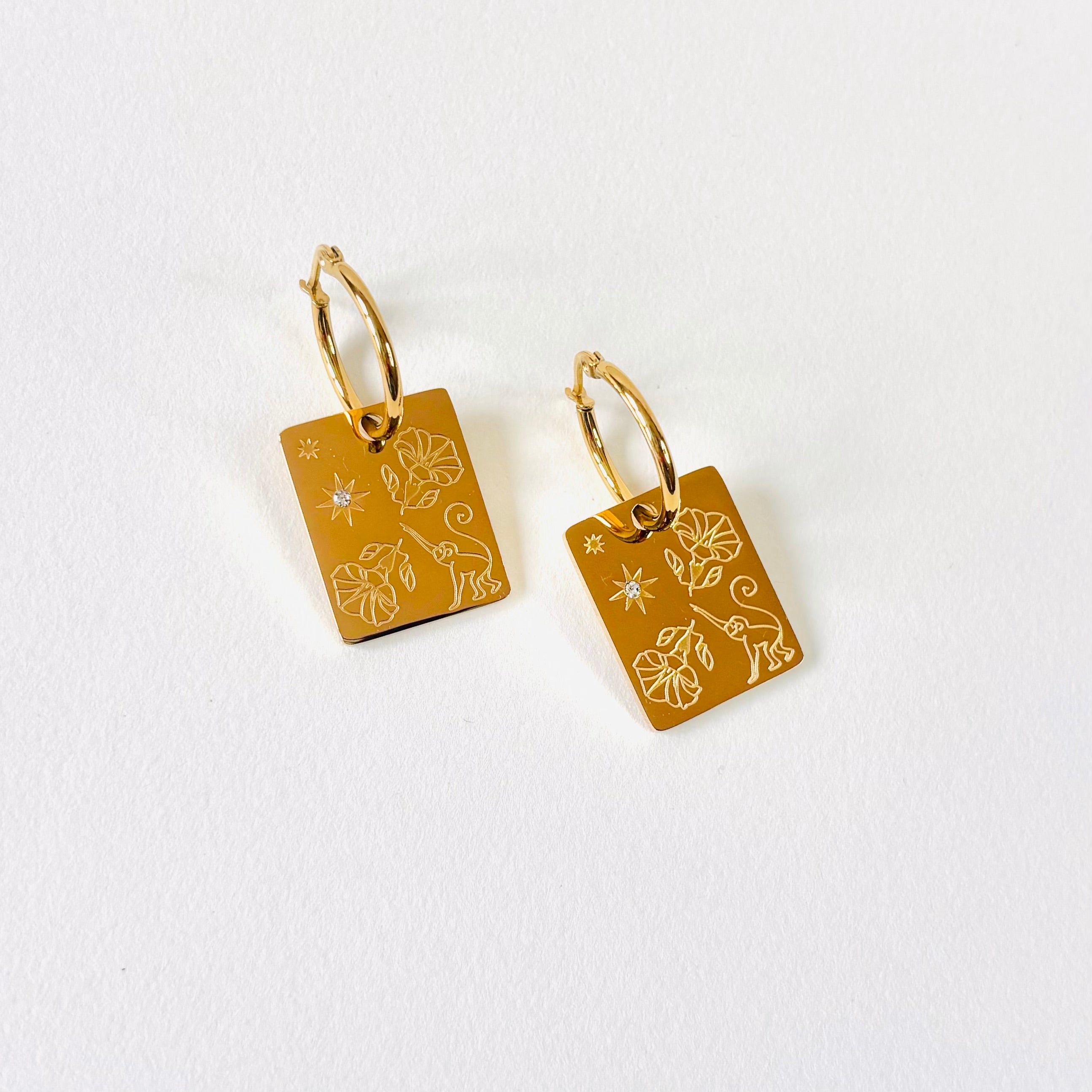 Monkey & Morning glory  pendant hoop earrings