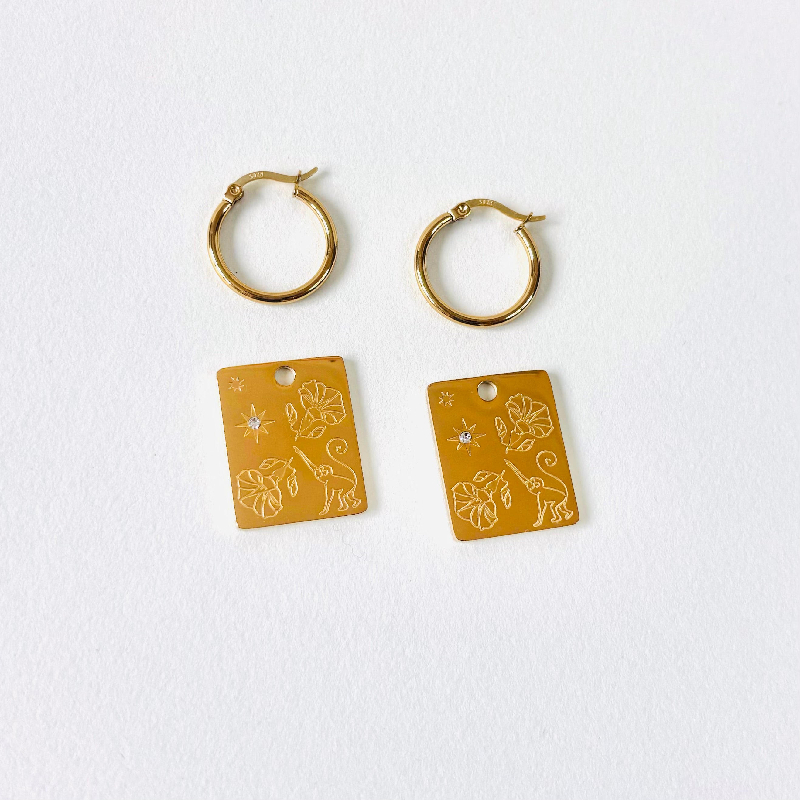 Monkey & Morning glory  pendant hoop earrings