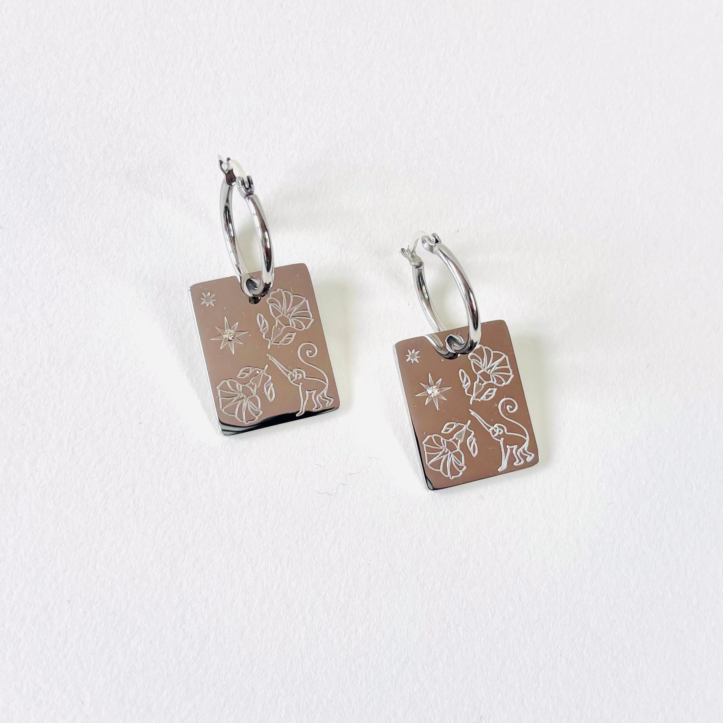 Monkey & Morning glory pendant hoop earrings