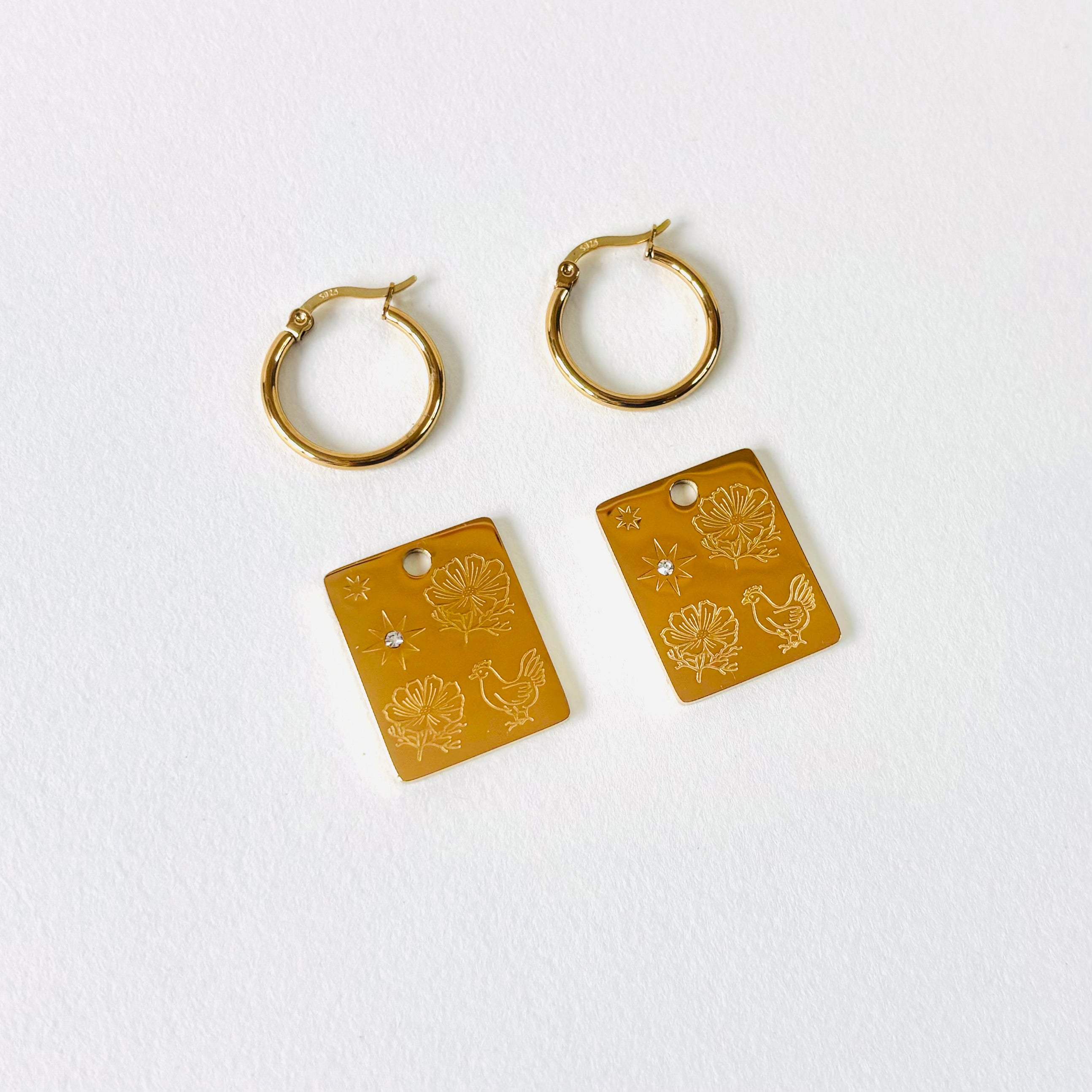 Rooster & Cosmos pendant hoop earrings