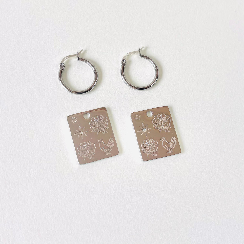Rooster & Cosmos pendant hoop earrings