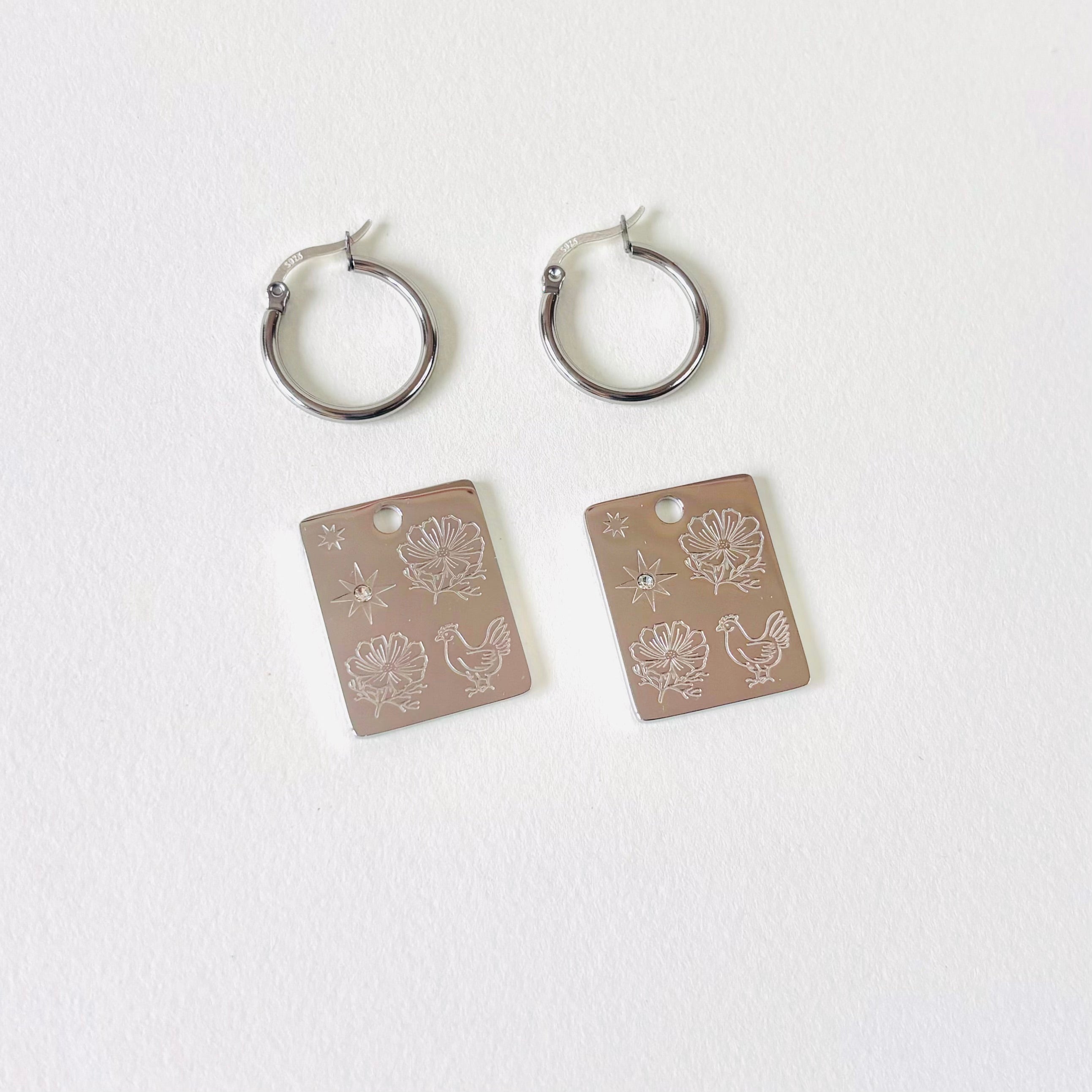 Rooster & Cosmos pendant hoop earrings