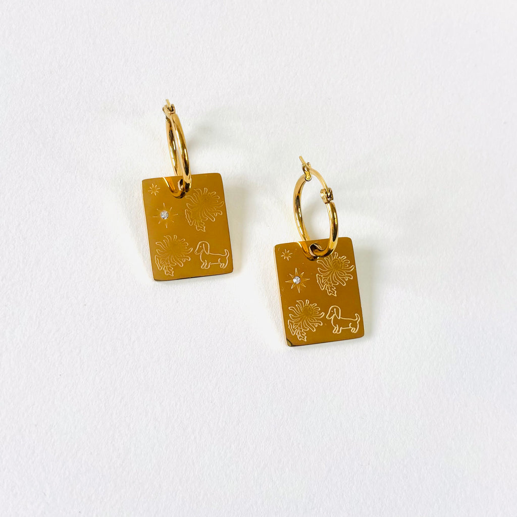 Dog & Chrysanthemum pendant hoop earrings