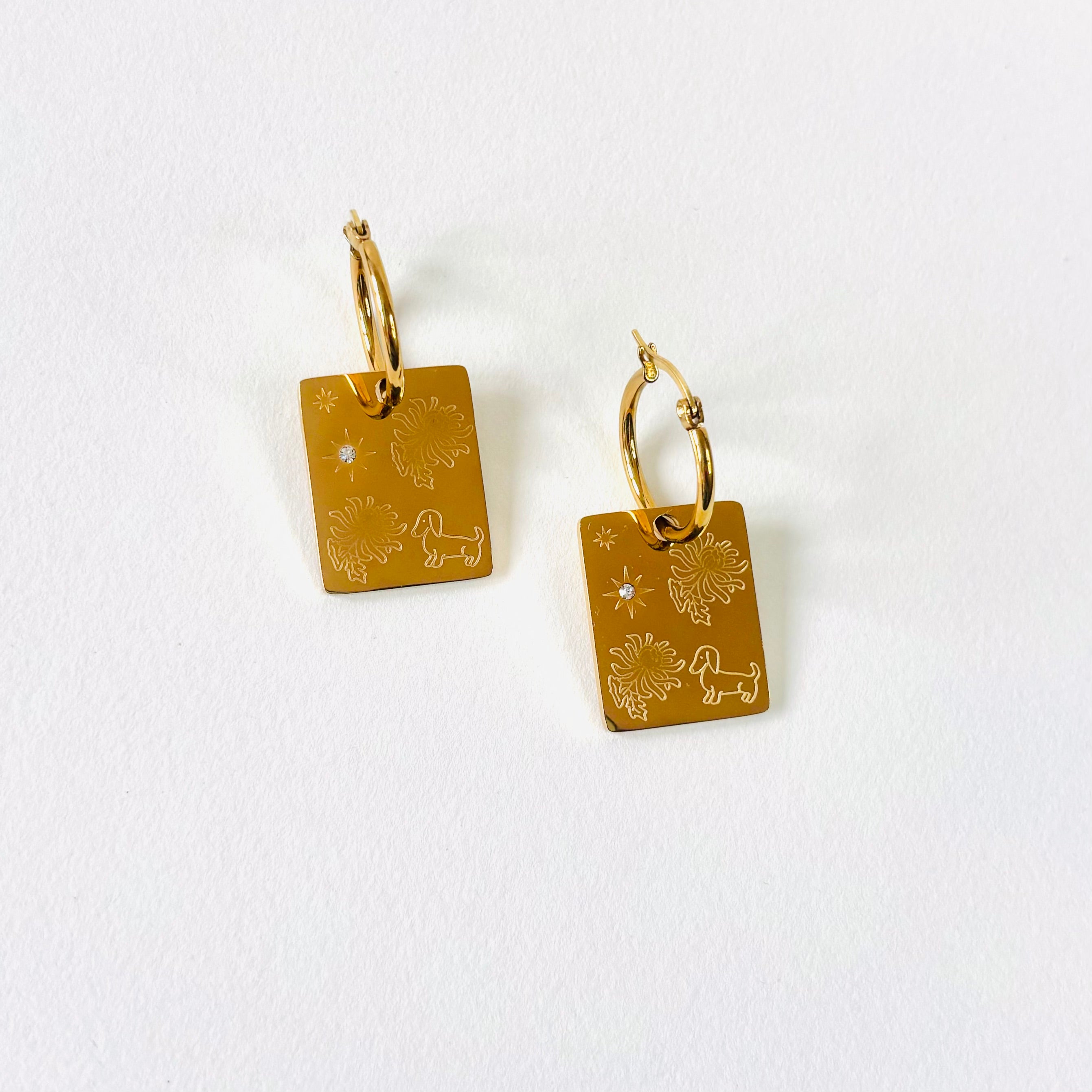 Dog & Chrysanthemum pendant hoop earrings