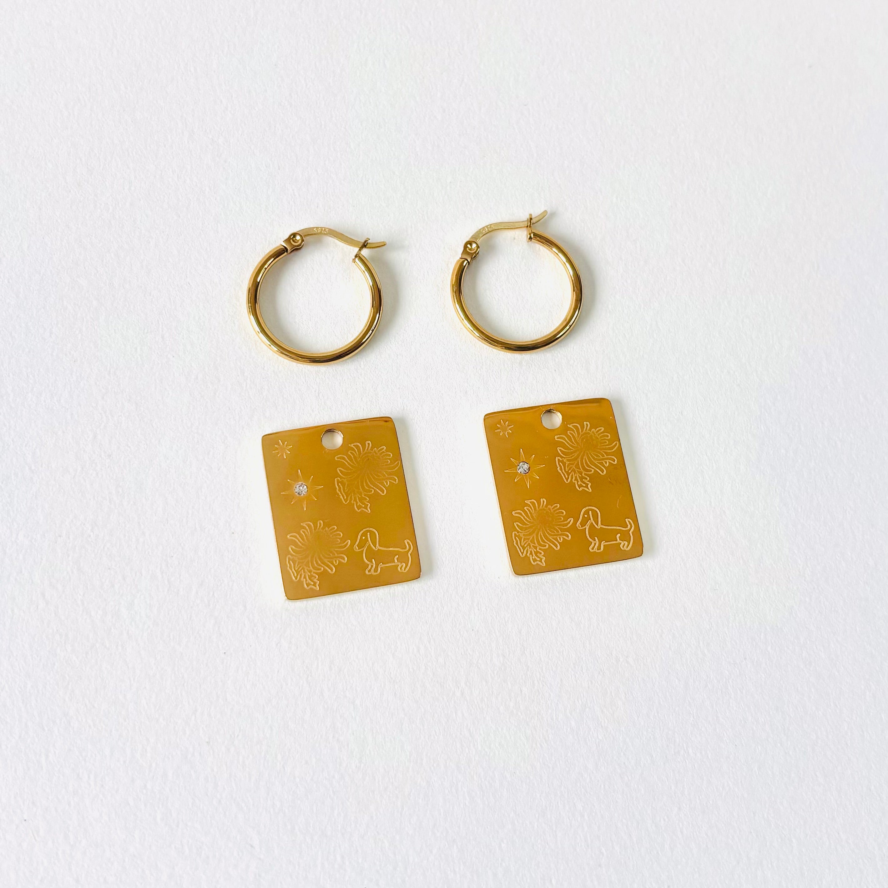 Dog & Chrysanthemum pendant hoop earrings