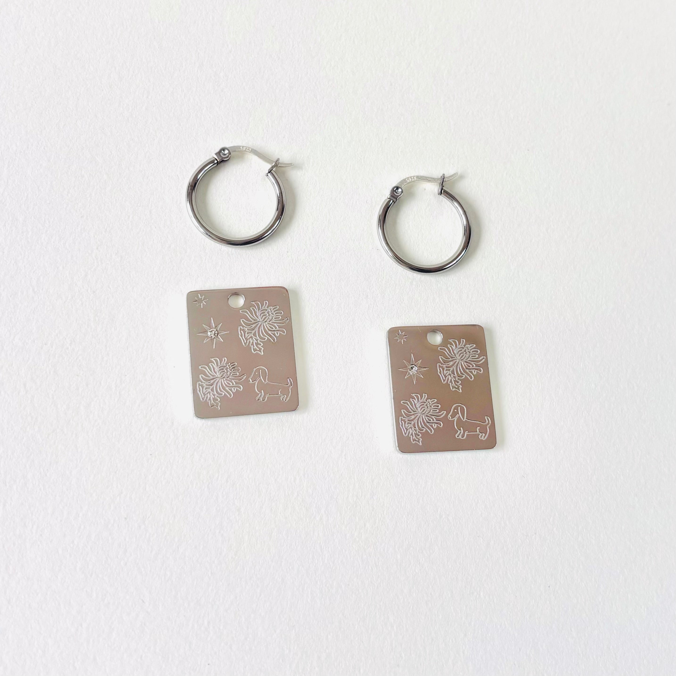 Dog & Chrysanthemum pendant hoop earrings