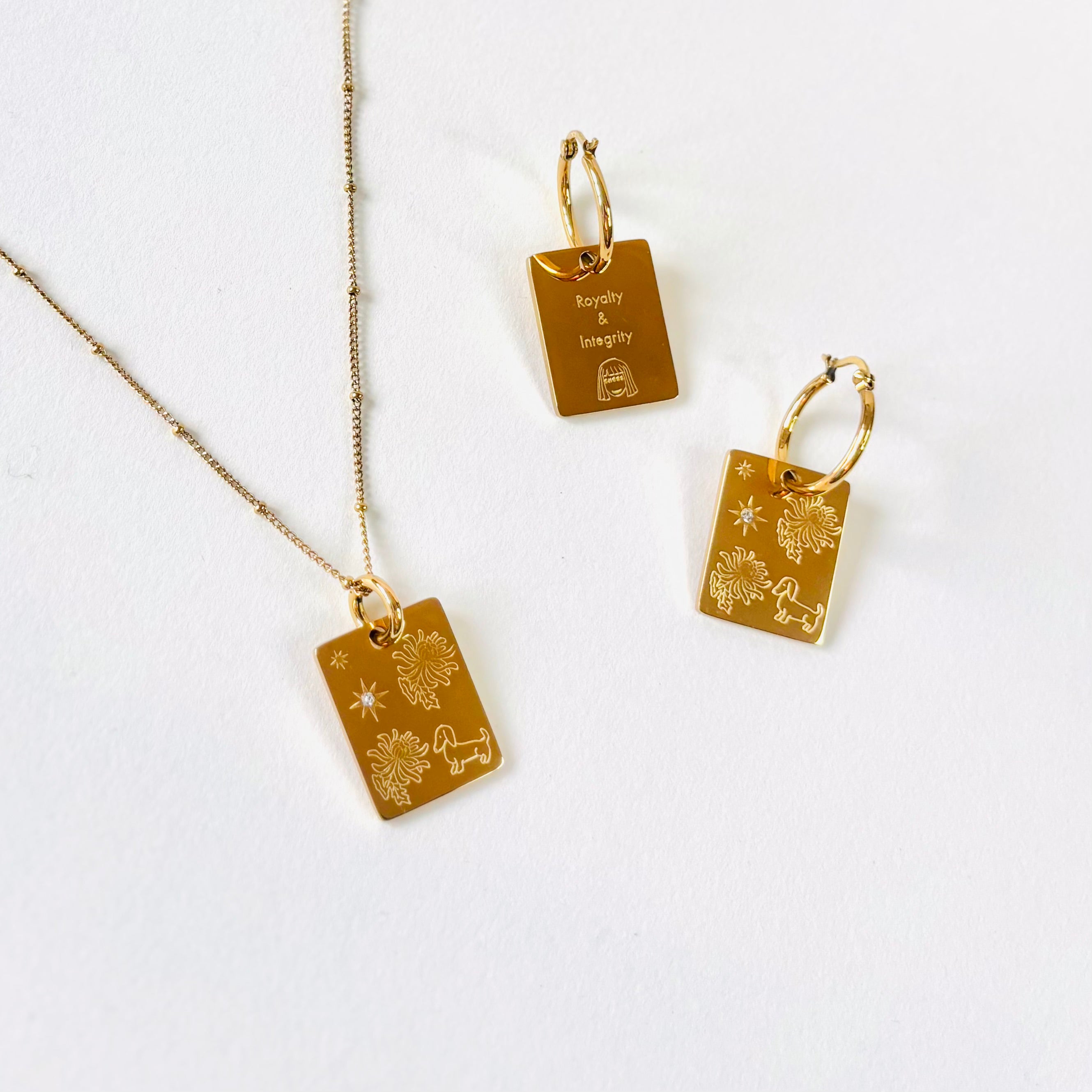 Dog & Chrysanthemum pendant hoop earrings