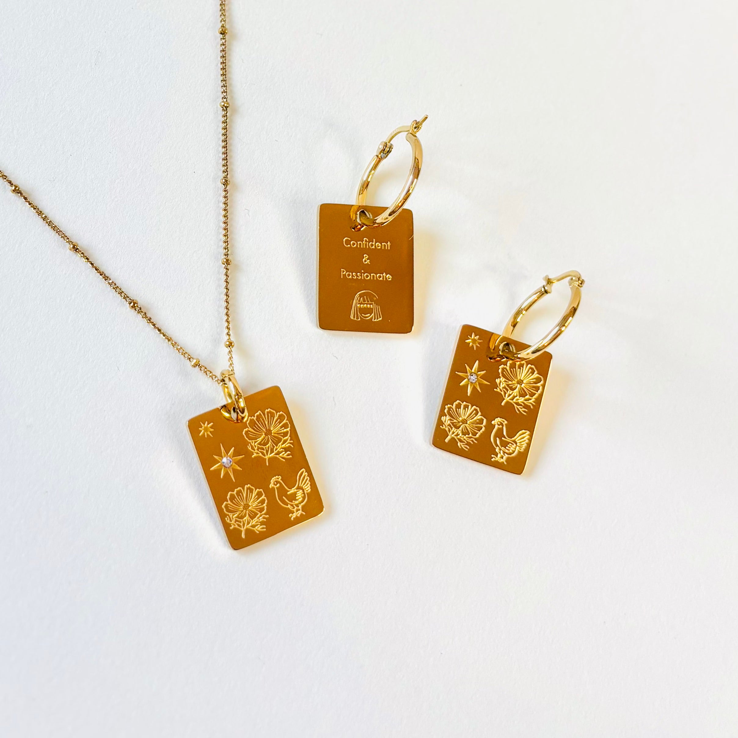 Rooster & Cosmos pendant hoop earrings