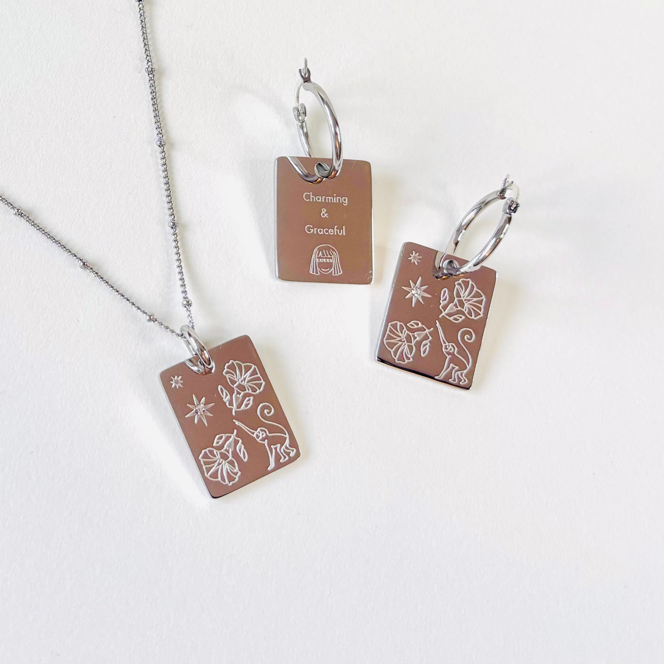 Monkey & Morning glory pendant hoop earrings