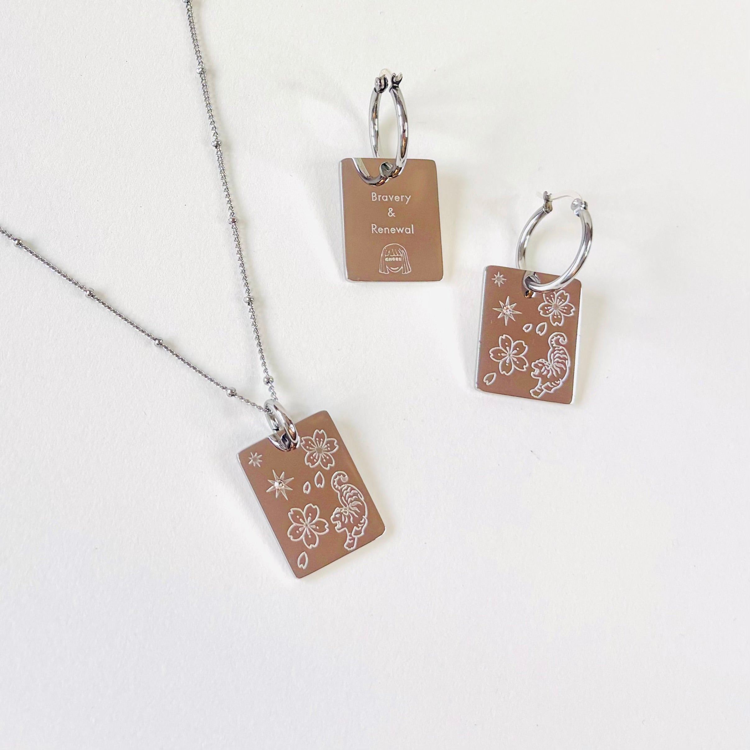 Tiger & Cherry blossom pendant hoop earrings