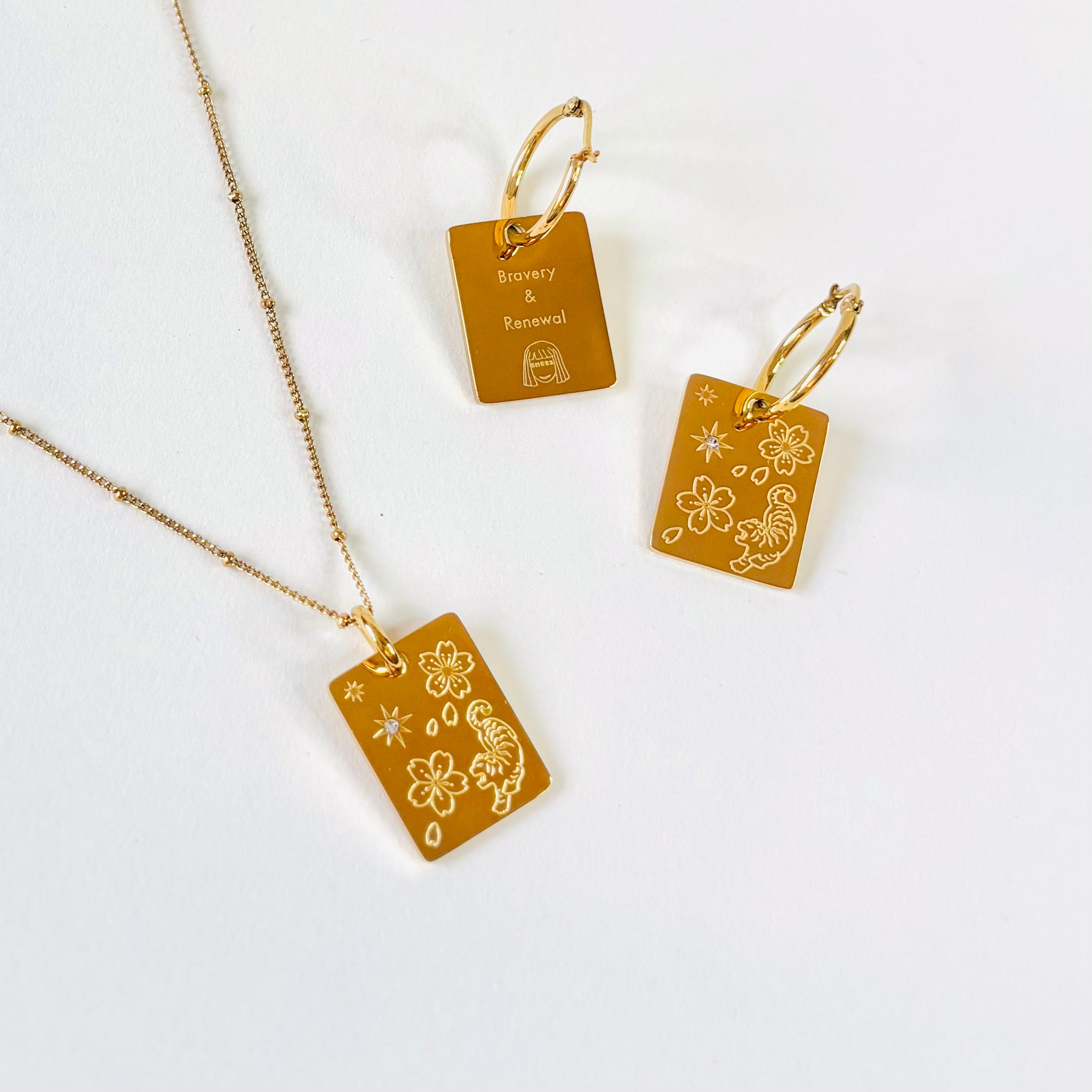 Tiger & Cherry blossom pendant hoop earrings