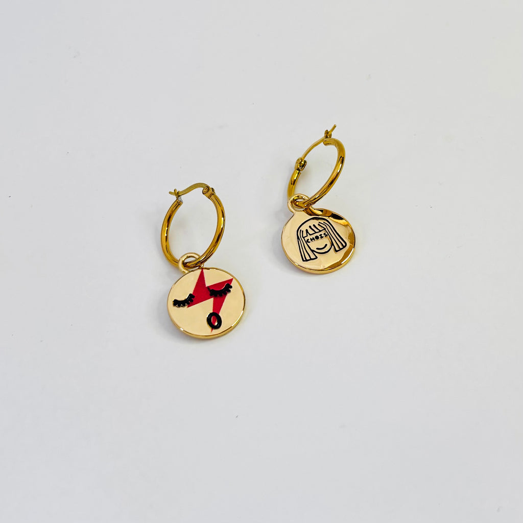 Red lightening face hoop earrings