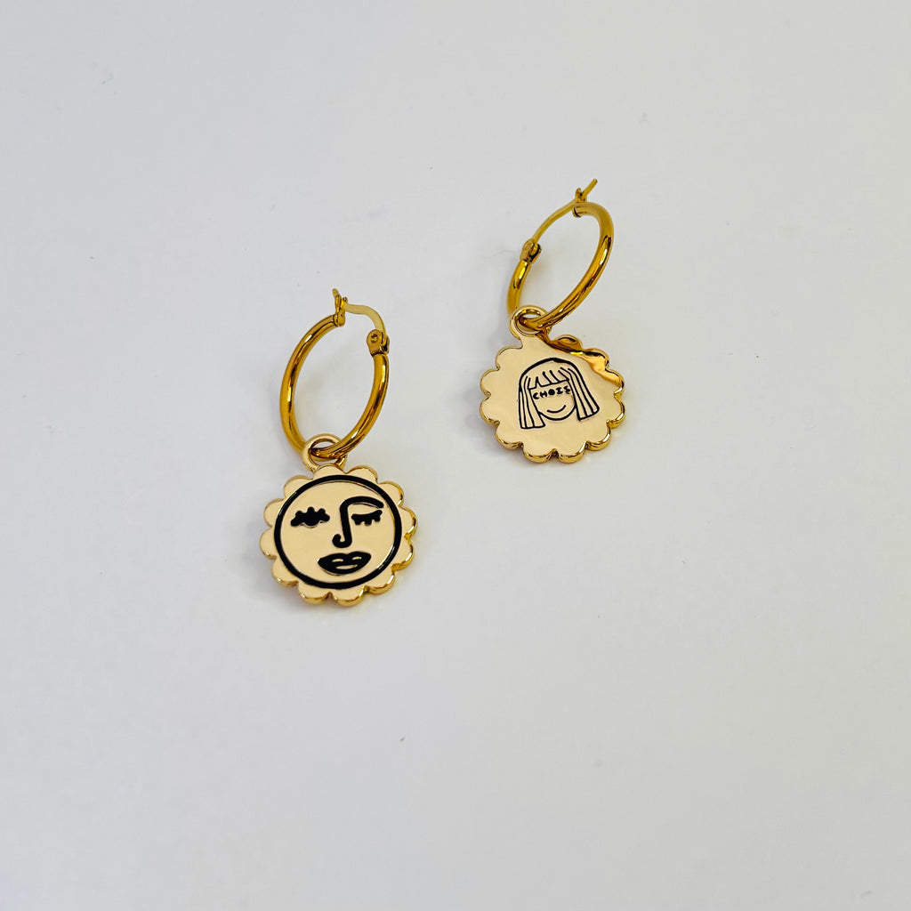 Winking sun face hoop earrings