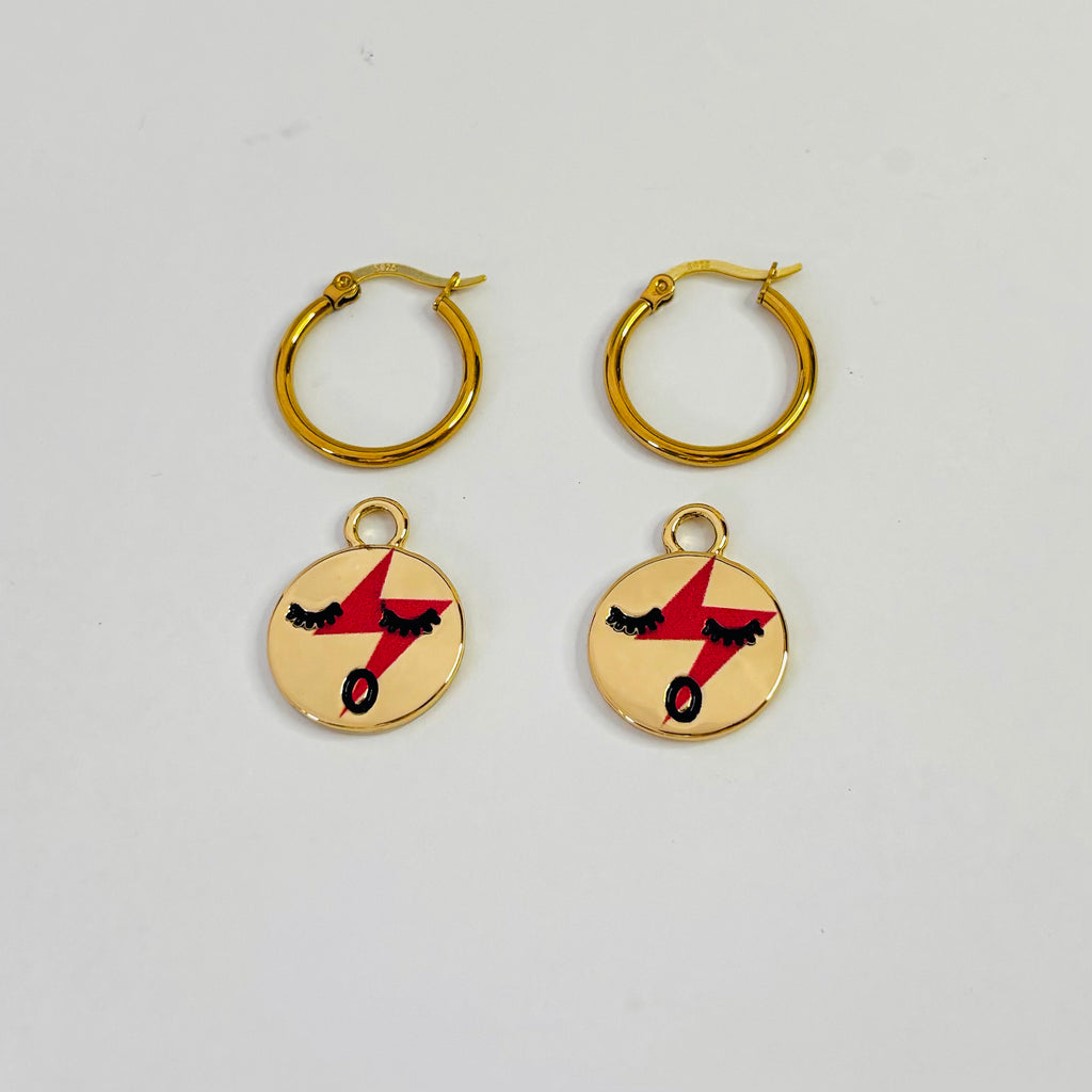 Red lightening face hoop earrings