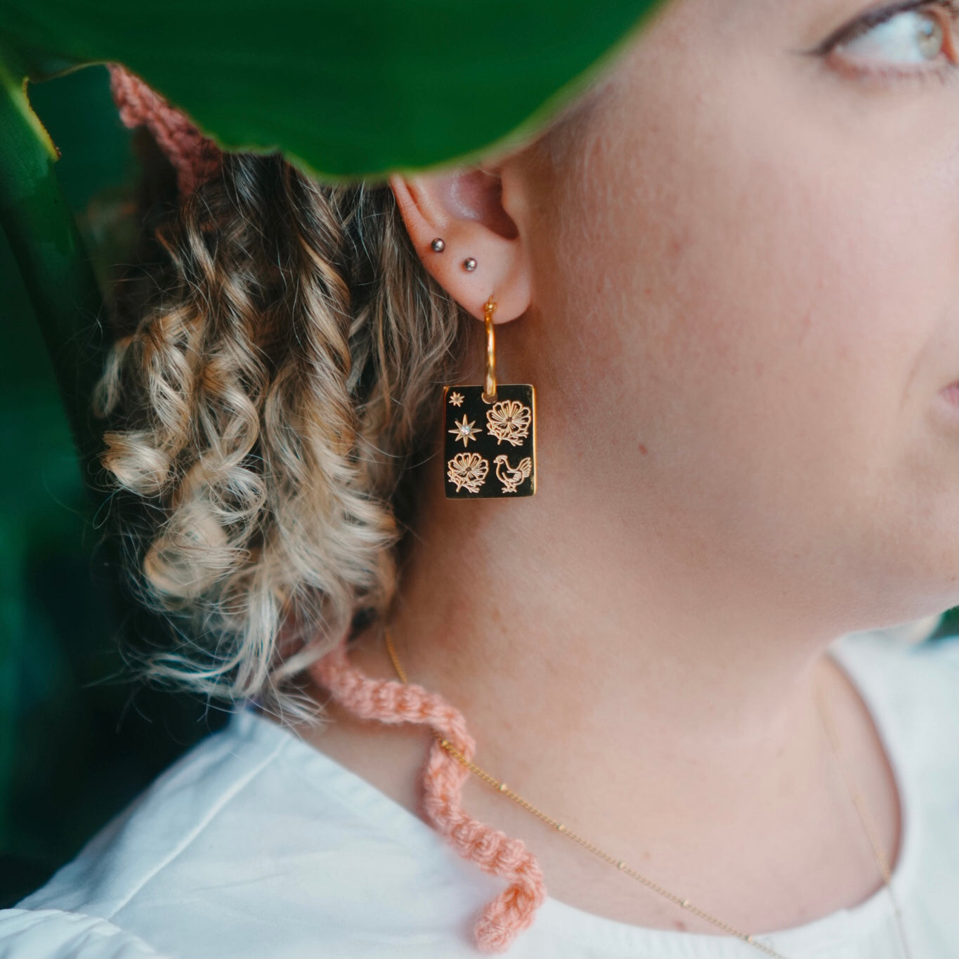Rooster & Cosmos pendant hoop earrings