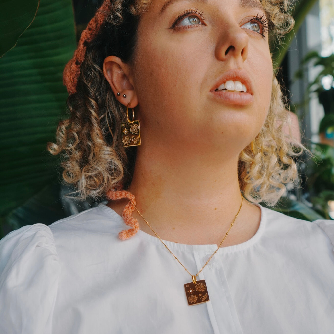 Rooster & Cosmos pendant hoop earrings