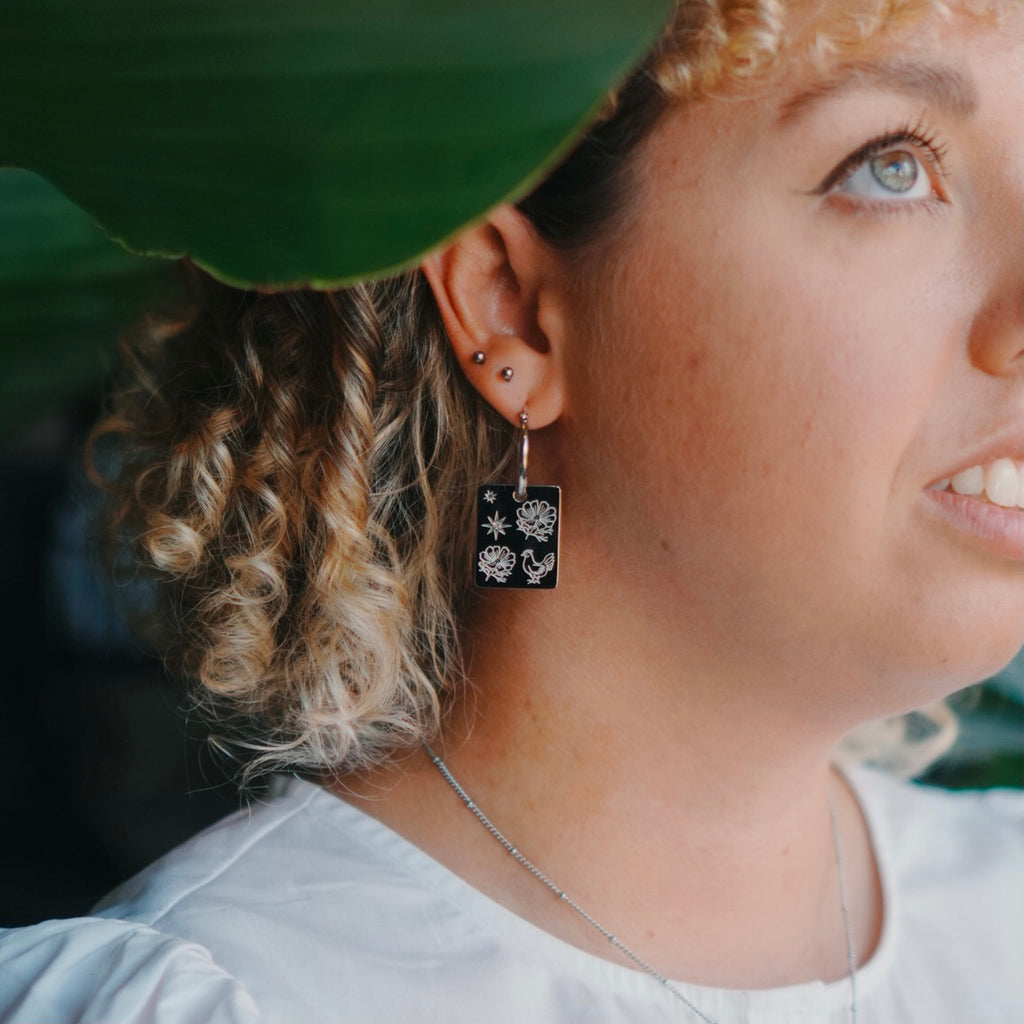 Rooster & Cosmos pendant hoop earrings