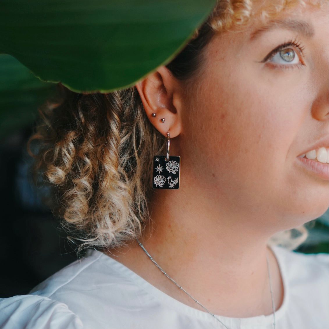 Rooster & Cosmos pendant hoop earrings