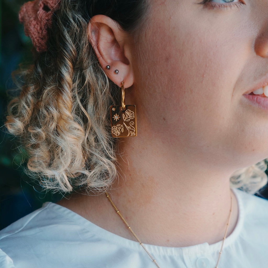 Monkey & Morning glory  pendant hoop earrings