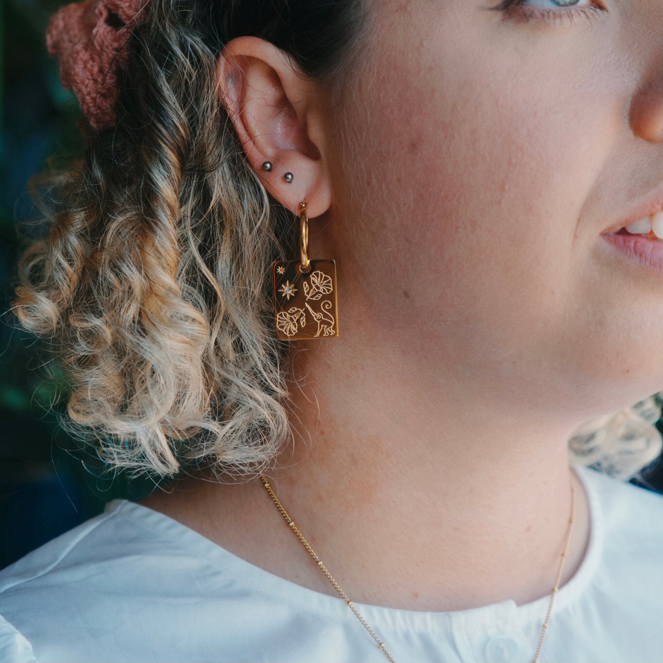 Monkey & Morning glory  pendant hoop earrings