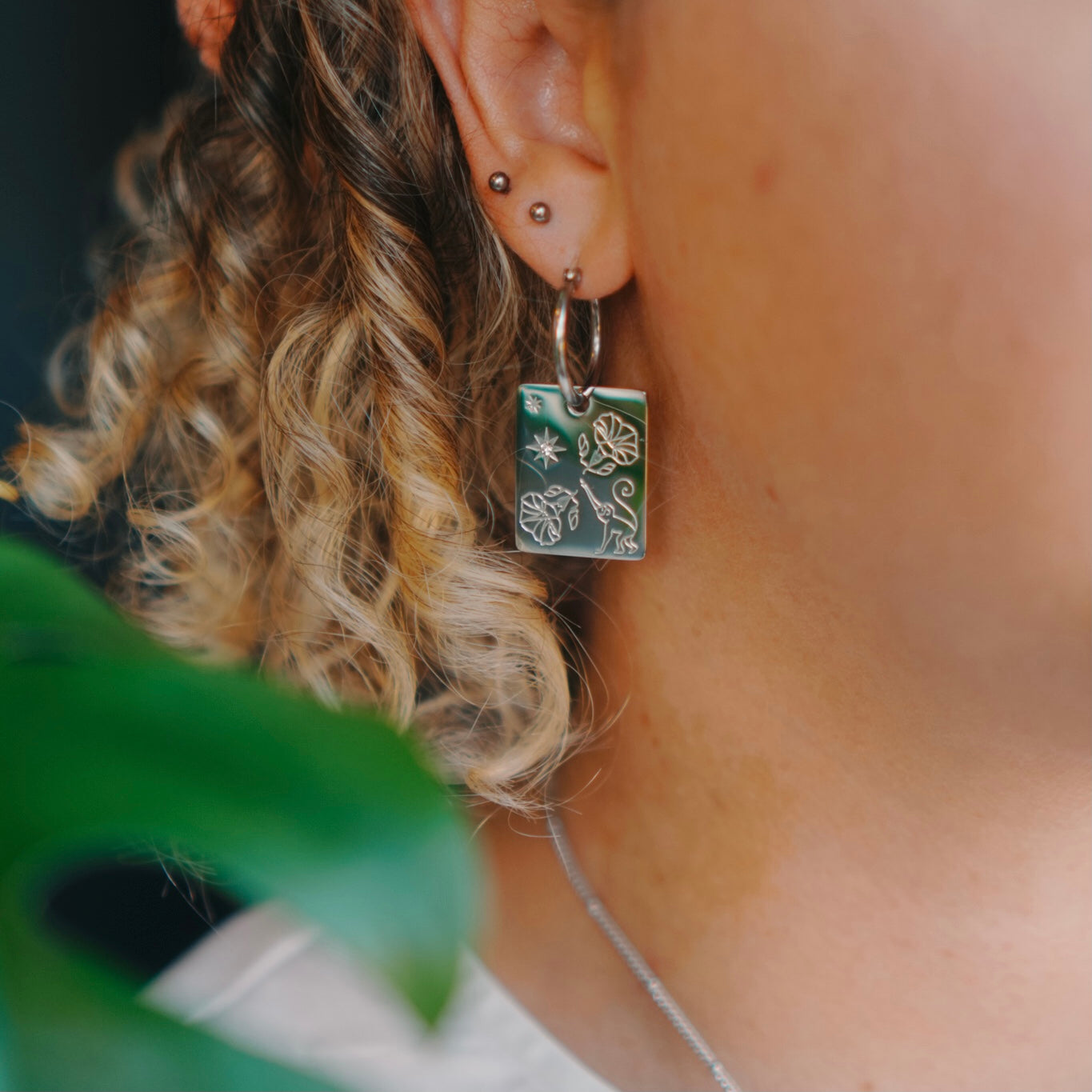 Monkey & Morning glory pendant hoop earrings