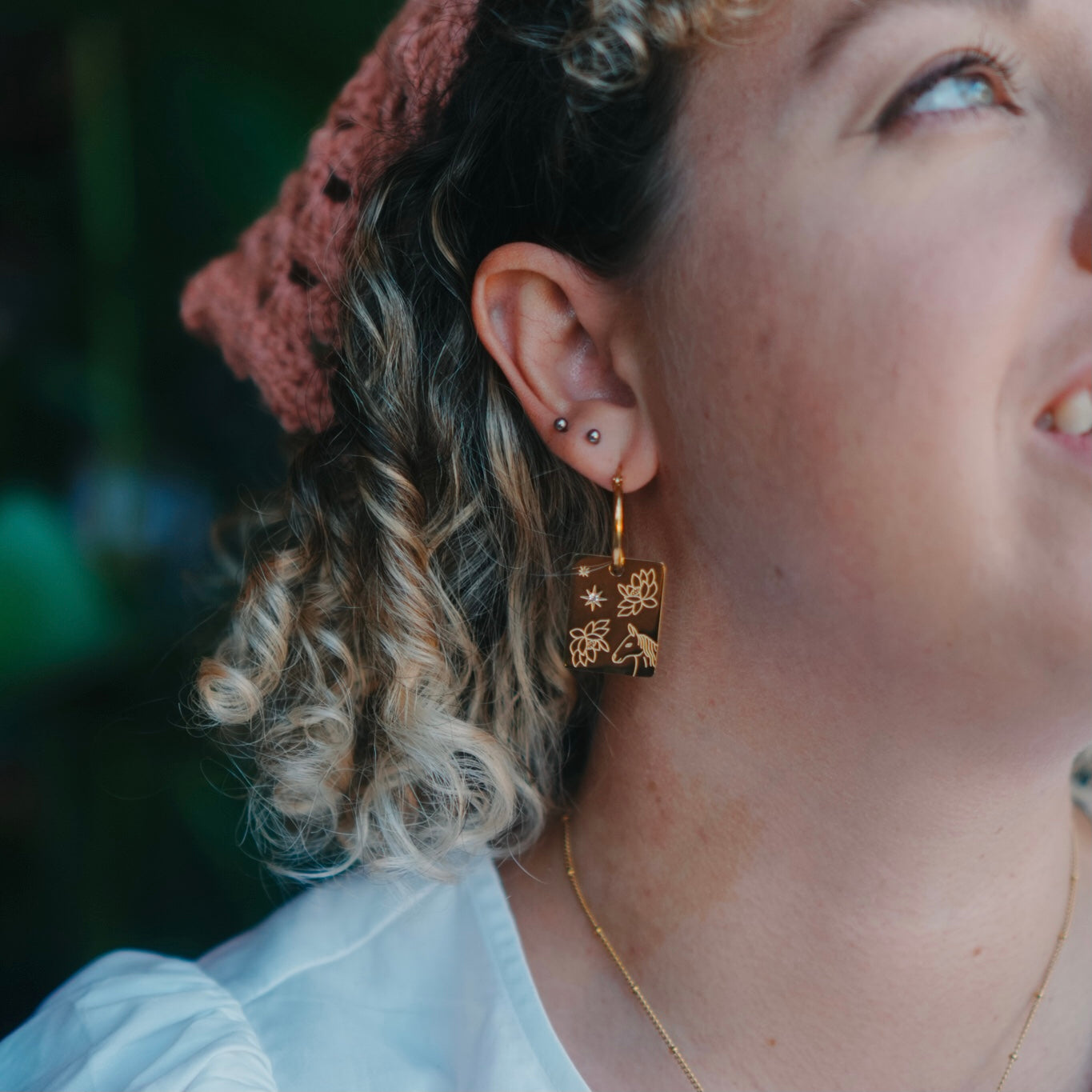 Horse & Water lily pendant hoop earrings