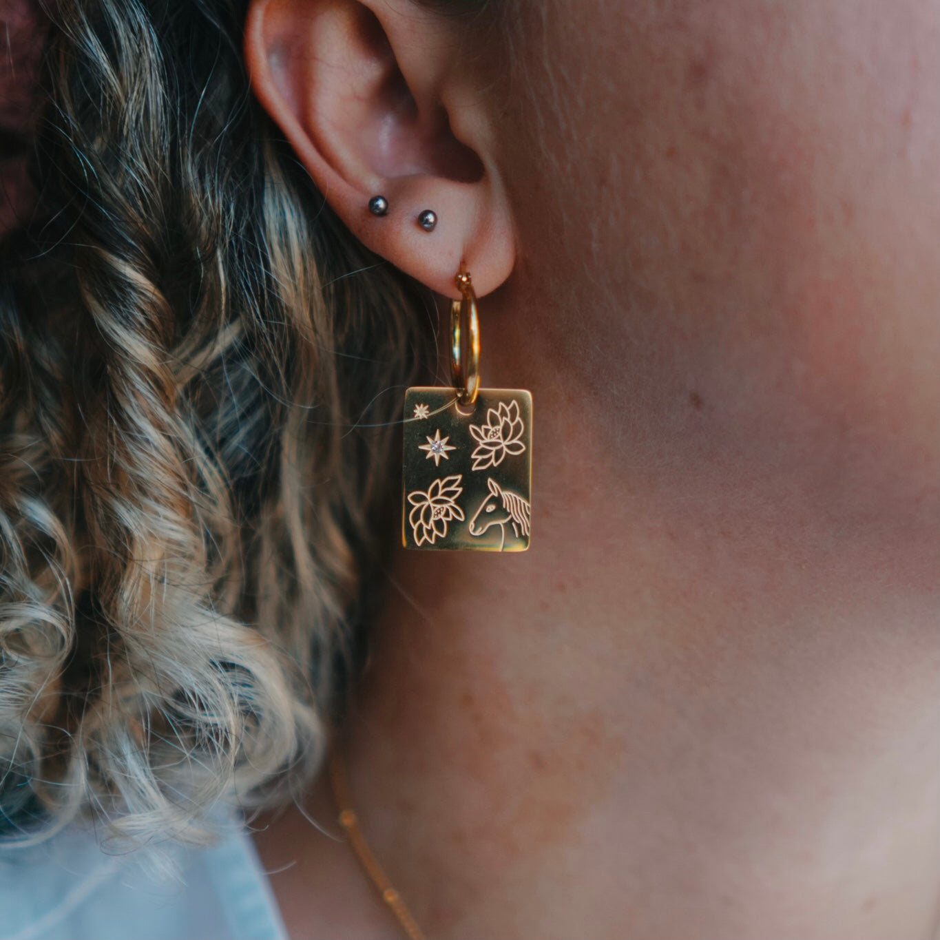 Horse & Water lily pendant hoop earrings
