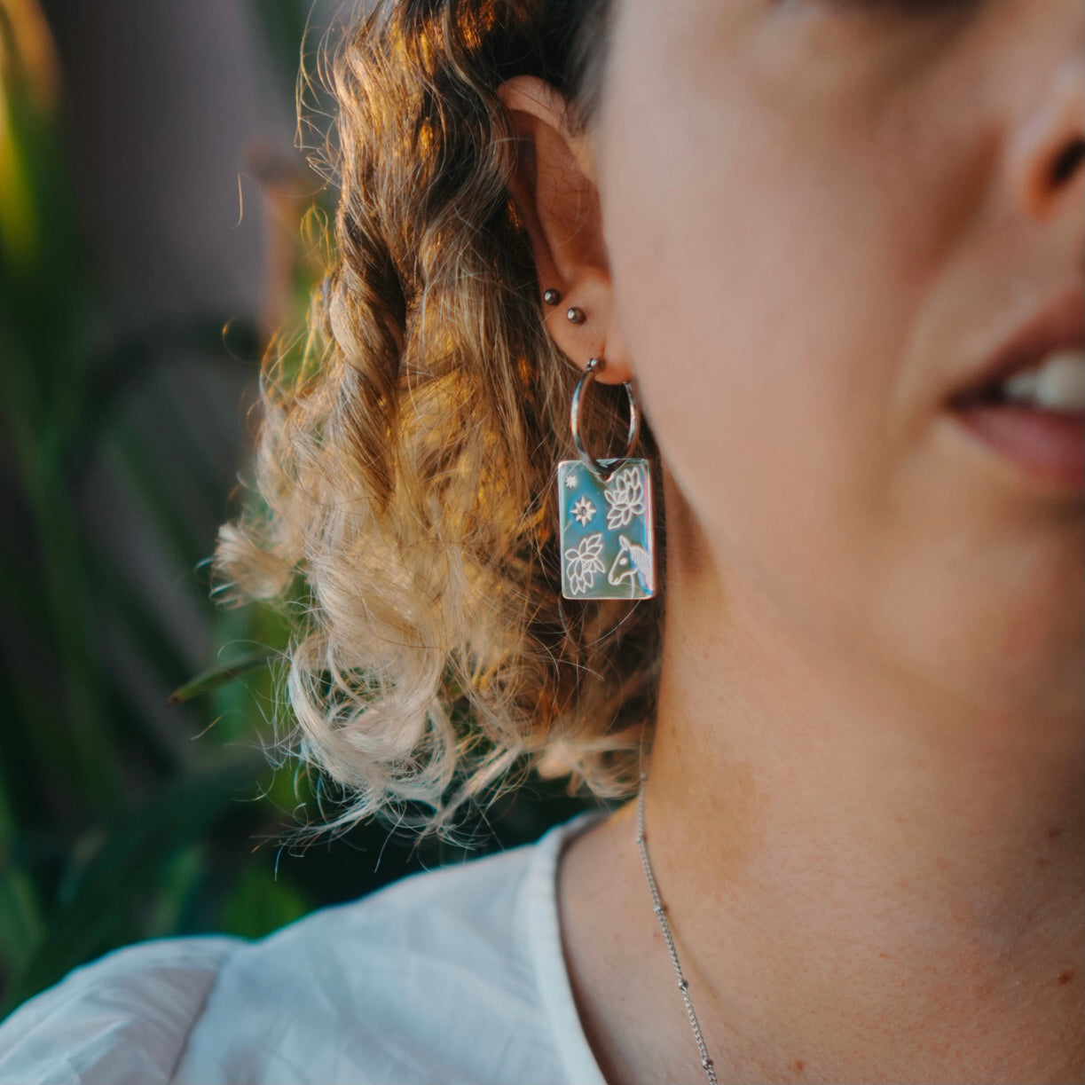 Horse & Water lily pendant hoop earrings