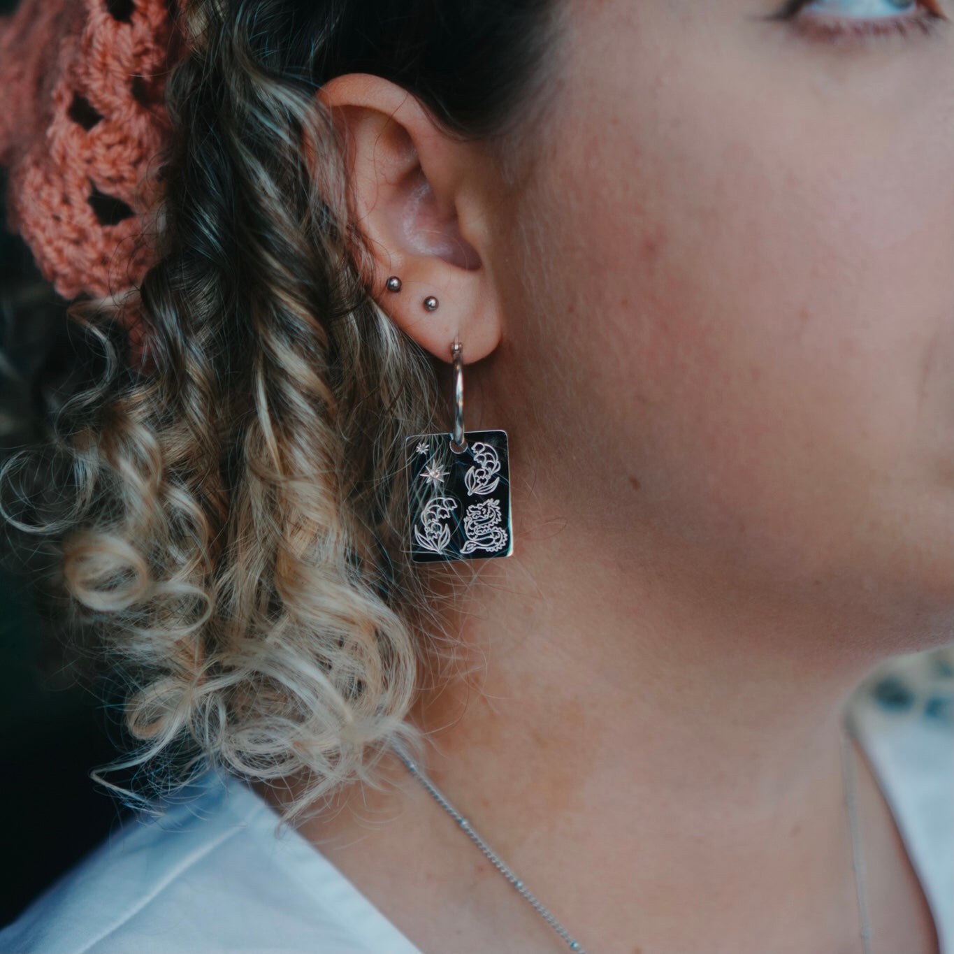 Dragon & Lilly of the valley pendant hoop earrings