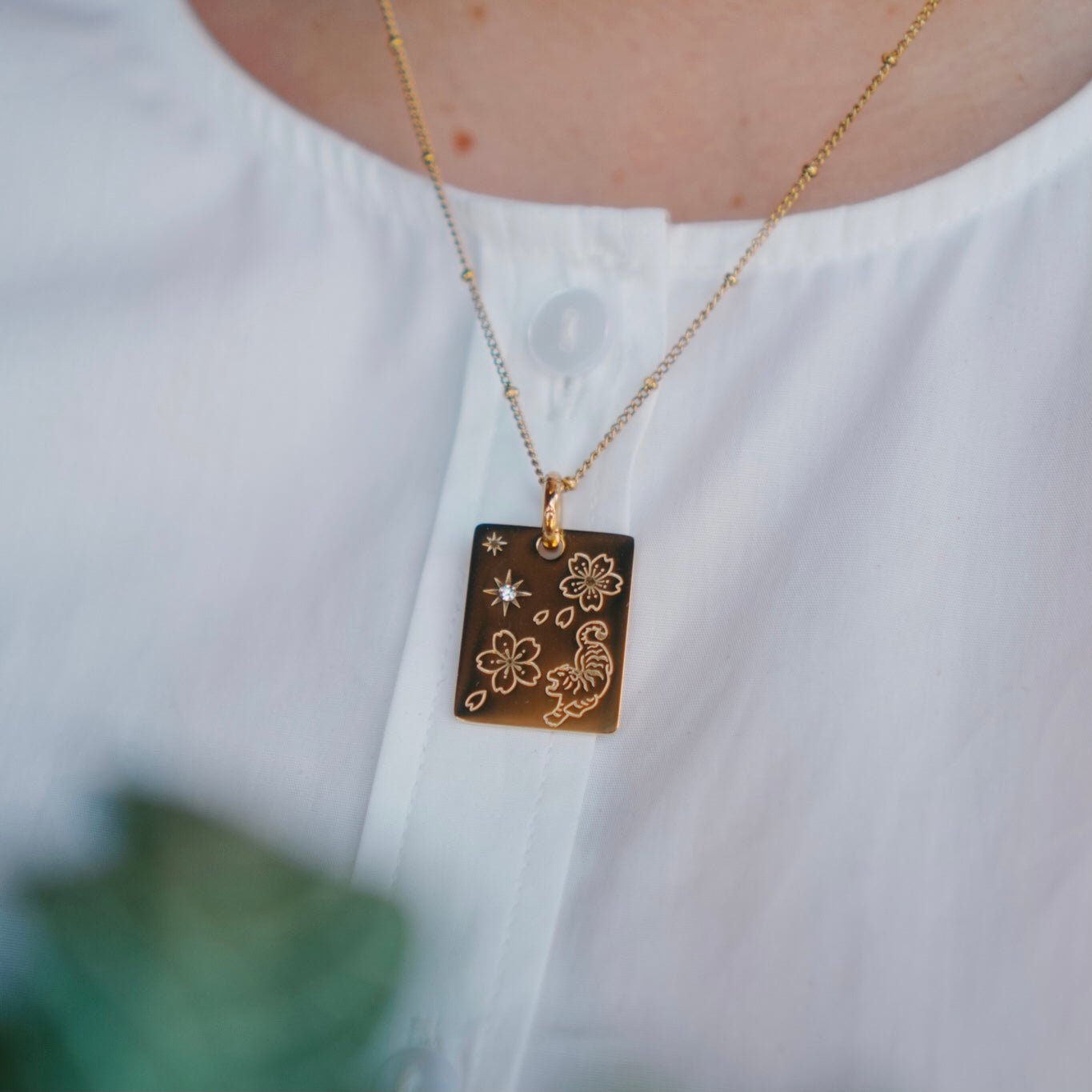 Tiger & Cherry blossom charm necklace