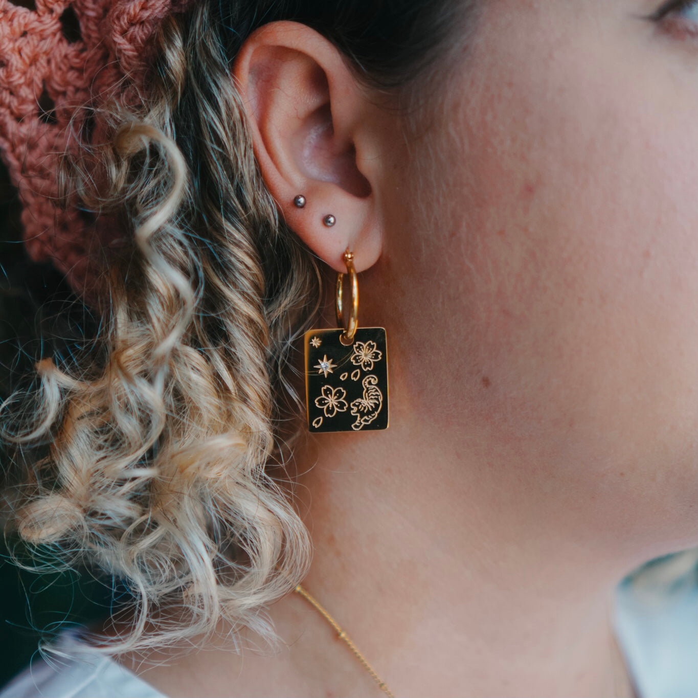 Tiger & Cherry blossom pendant hoop earrings