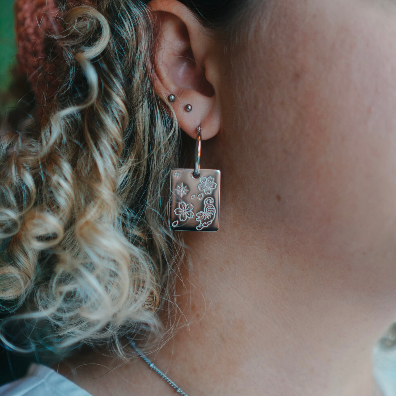 Tiger & Cherry blossom pendant hoop earrings